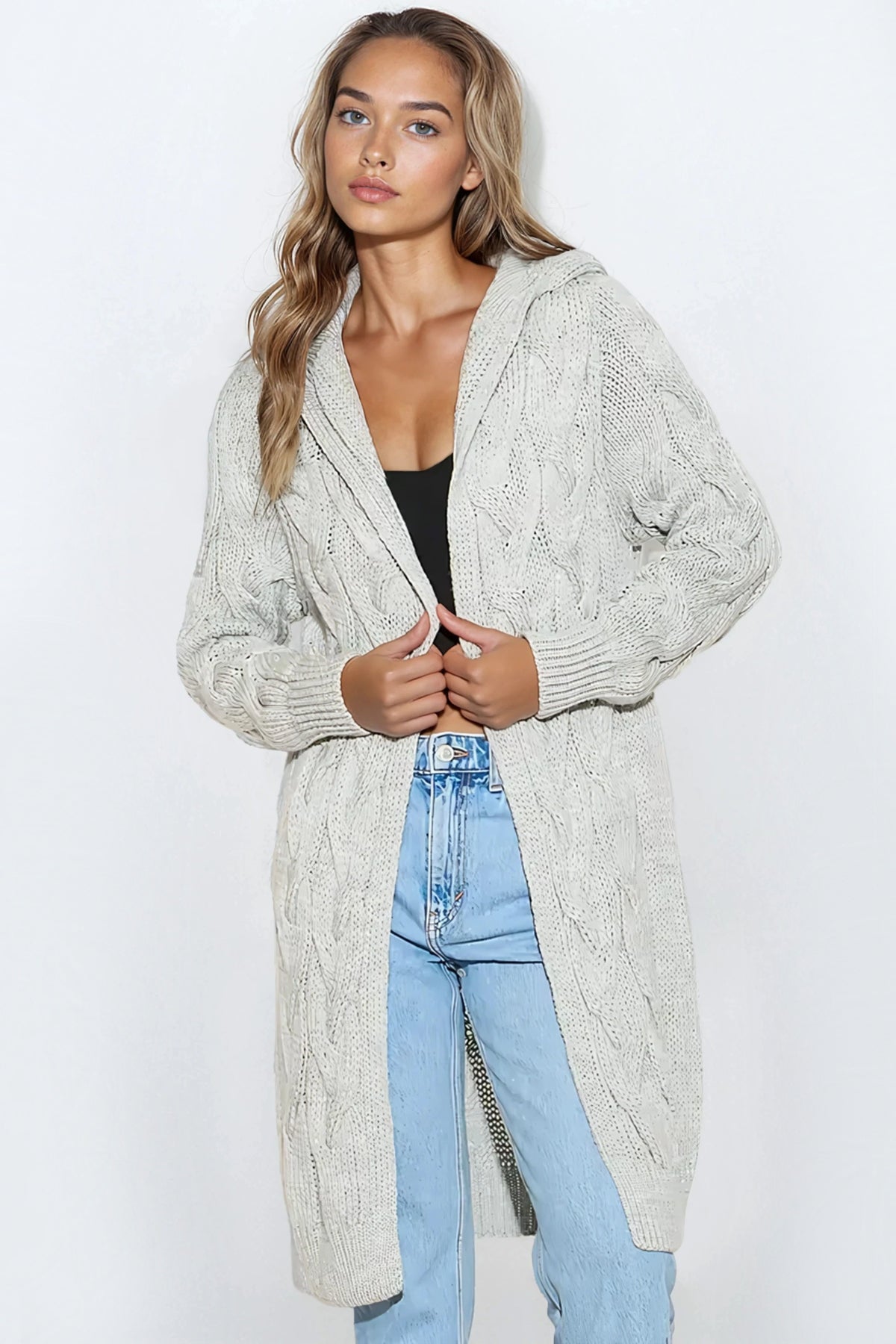 Silver Grey Hooded Cable Knitted Longline Cardigan-1