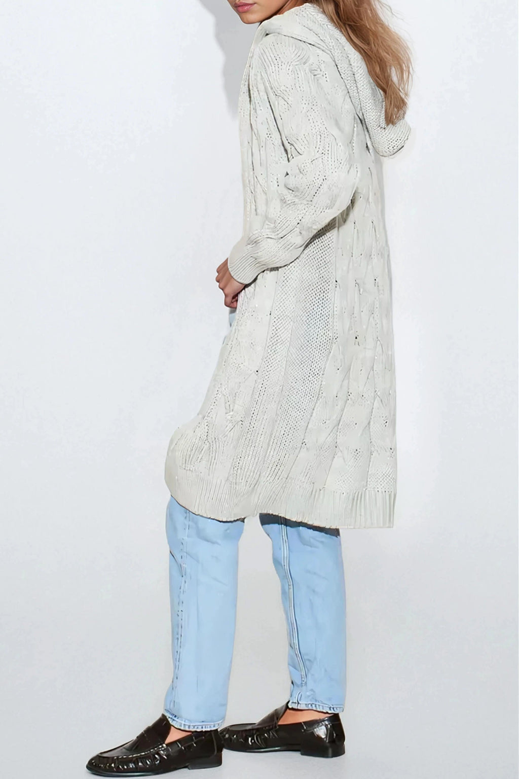 Silver Grey Hooded Cable Knitted Longline Cardigan-3