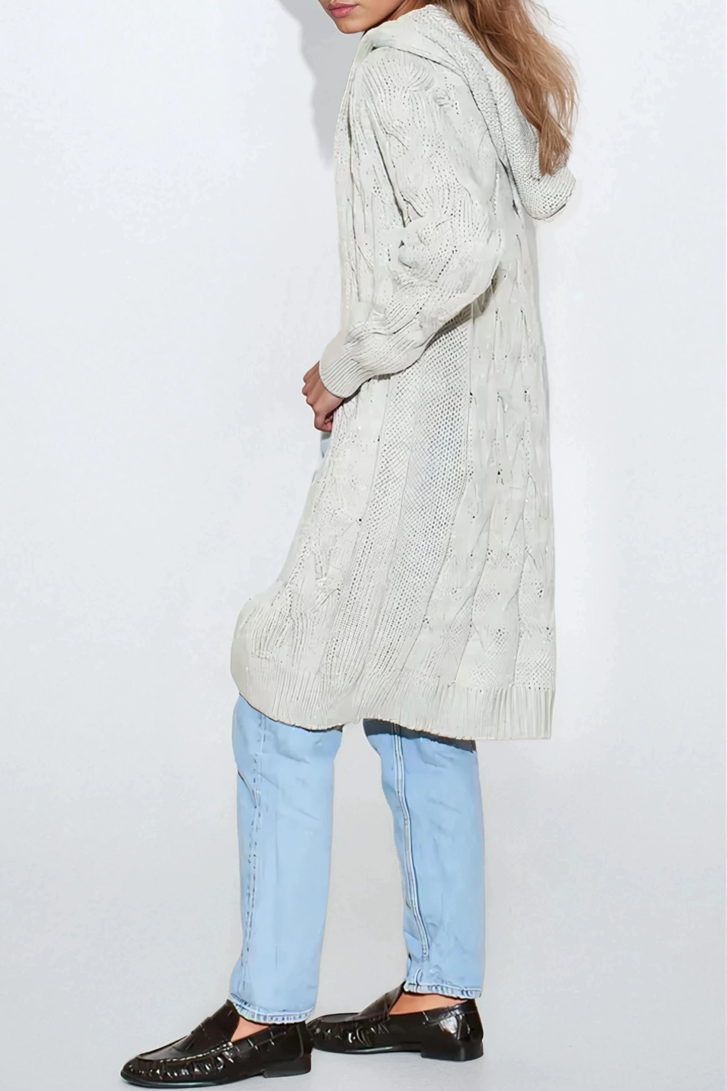 Silver Grey Hooded Cable Knitted Longline Cardigan-3