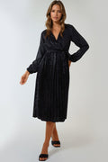 Black Wrap Front Belted Midi Dress-0