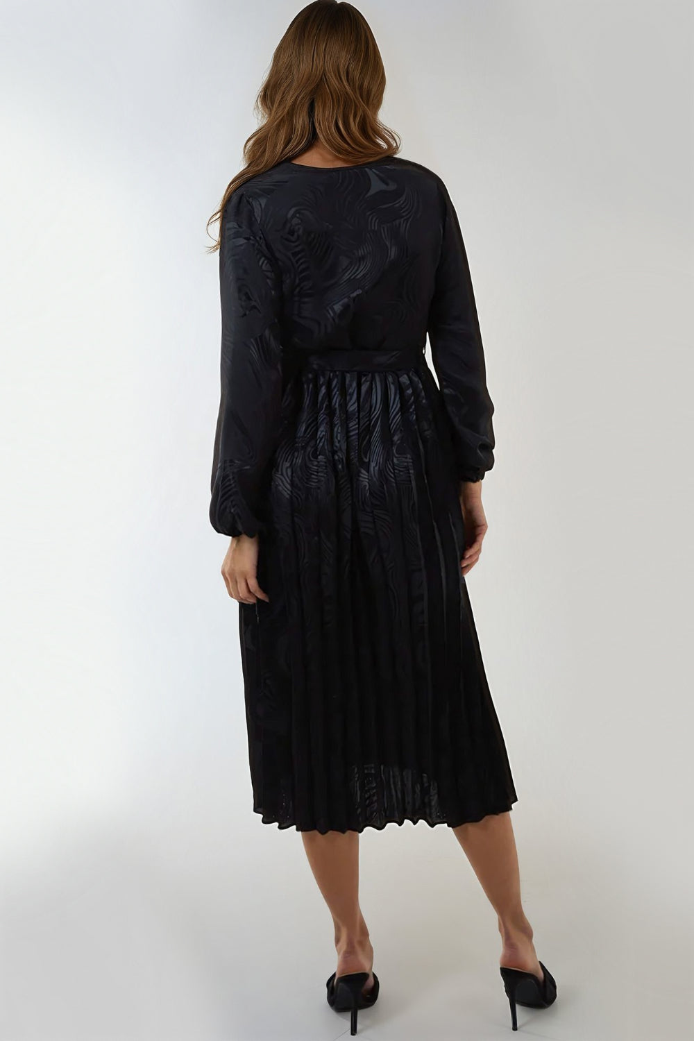 Black Wrap Front Belted Midi Dress-2