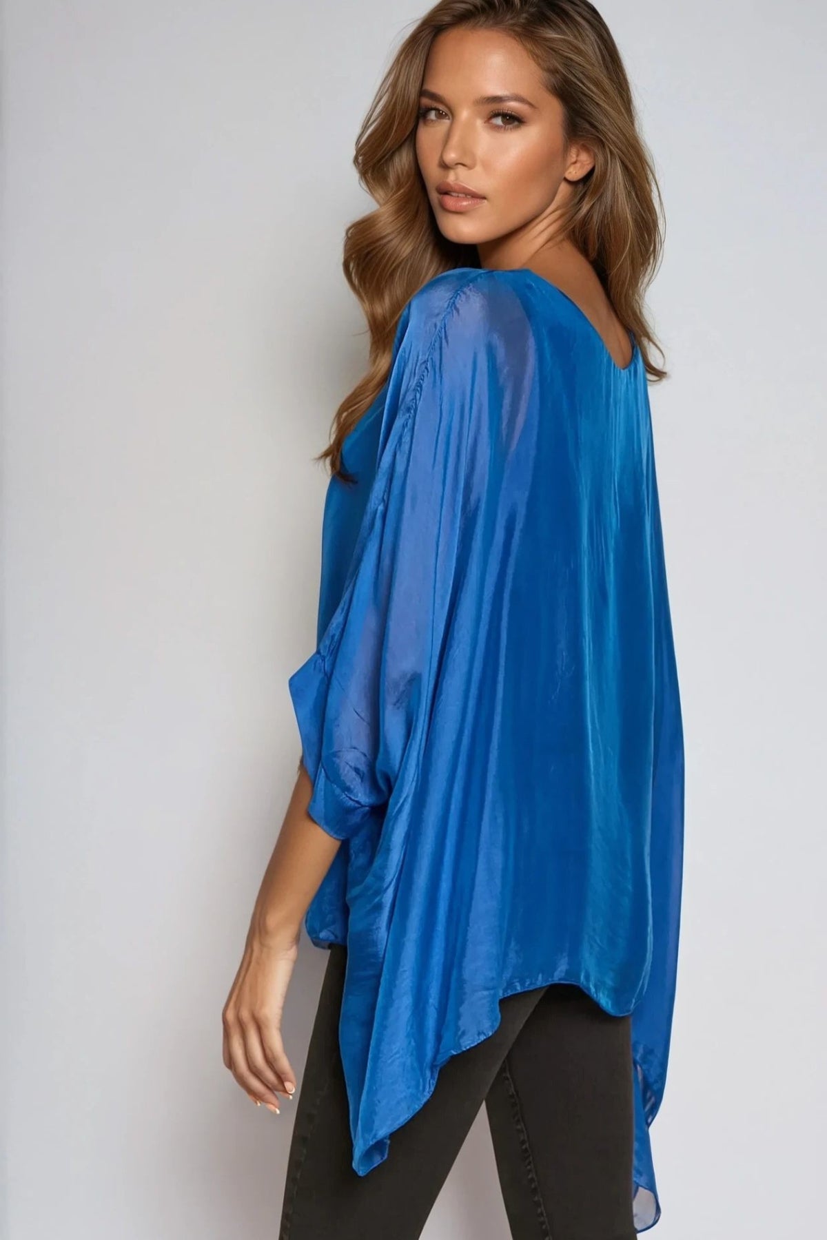 Royal Blue Silk Batwing Sleeve Round Neck Blouse-1