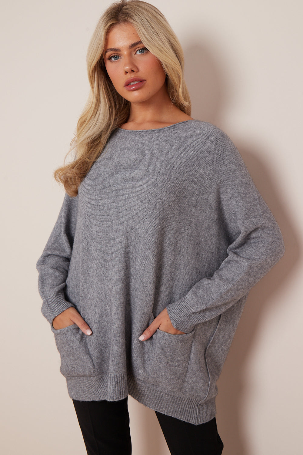 Silver Grey Round Neck Jumper with Pockets-0