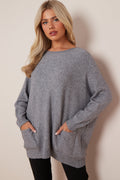 Silver Grey Round Neck Jumper with Pockets-0