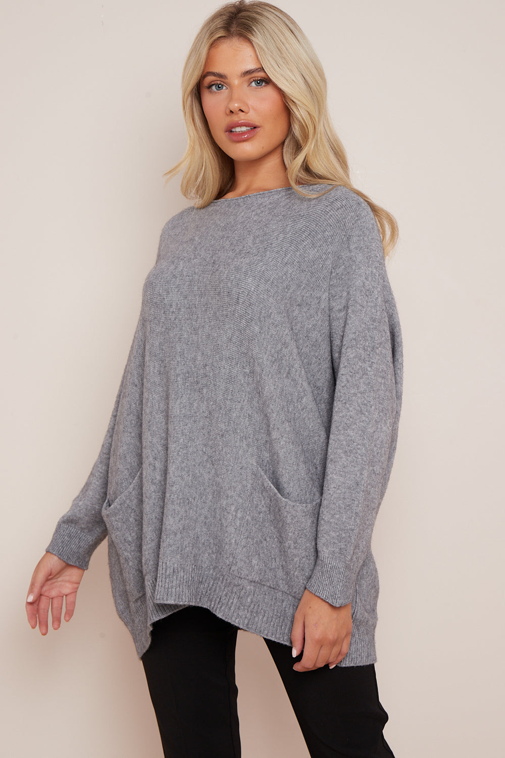 Silver Grey Round Neck Jumper with Pockets-4