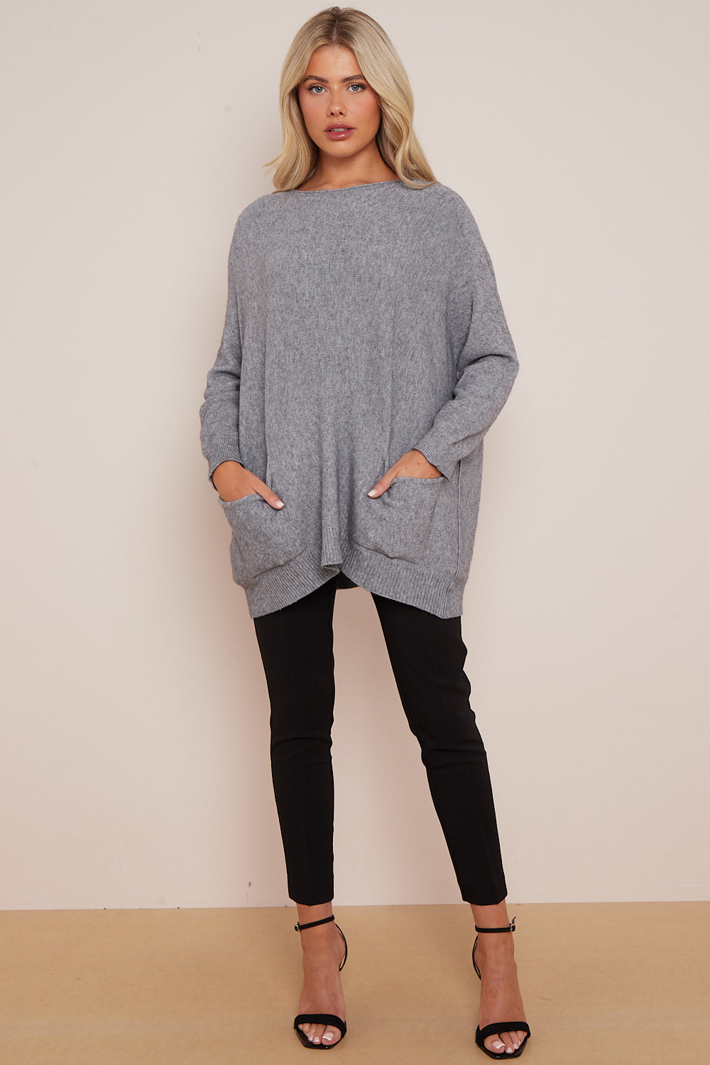Silver Grey Round Neck Jumper with Pockets-2