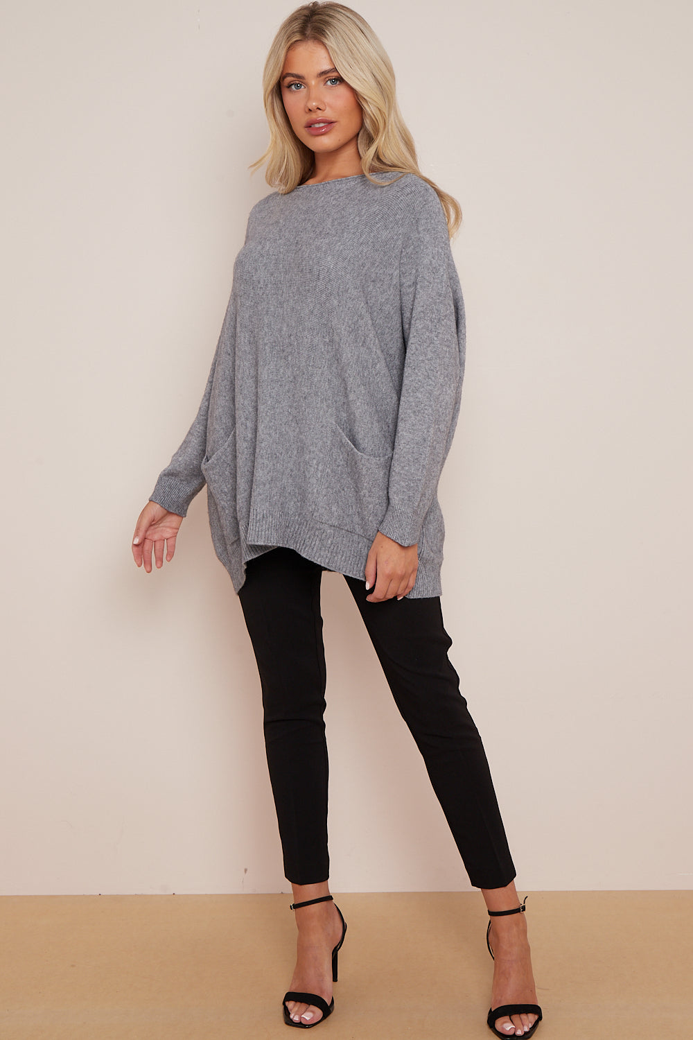 Silver Grey Round Neck Jumper with Pockets-1