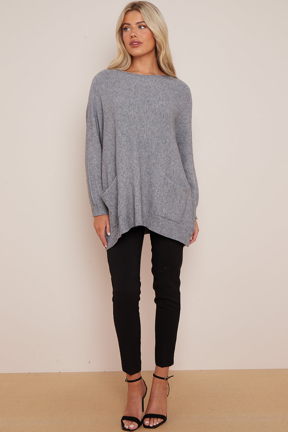 Silver Grey Round Neck Jumper with Pockets-3