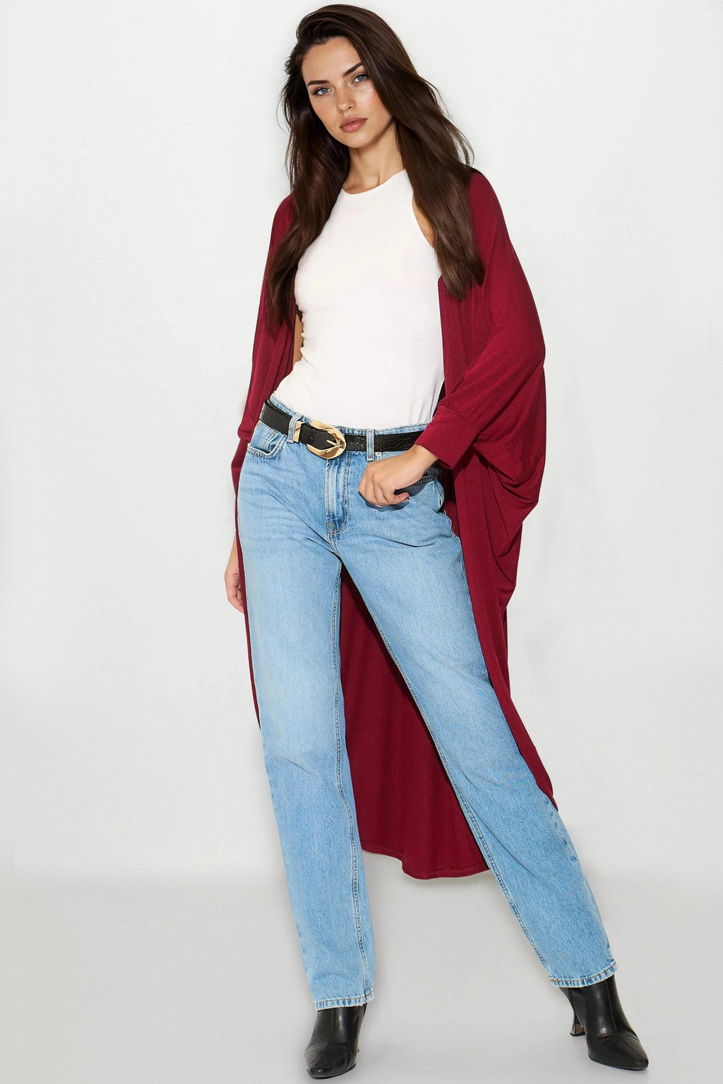 Wine Batwing Sleeve Kimono Cardigan-0