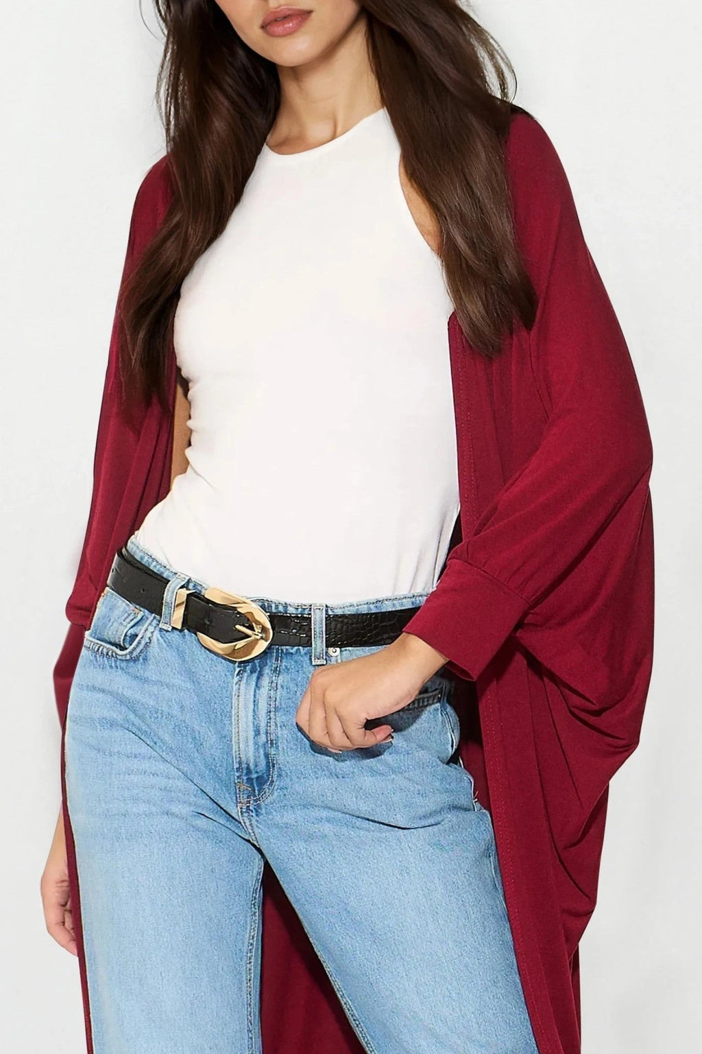 Wine Batwing Sleeve Kimono Cardigan-1