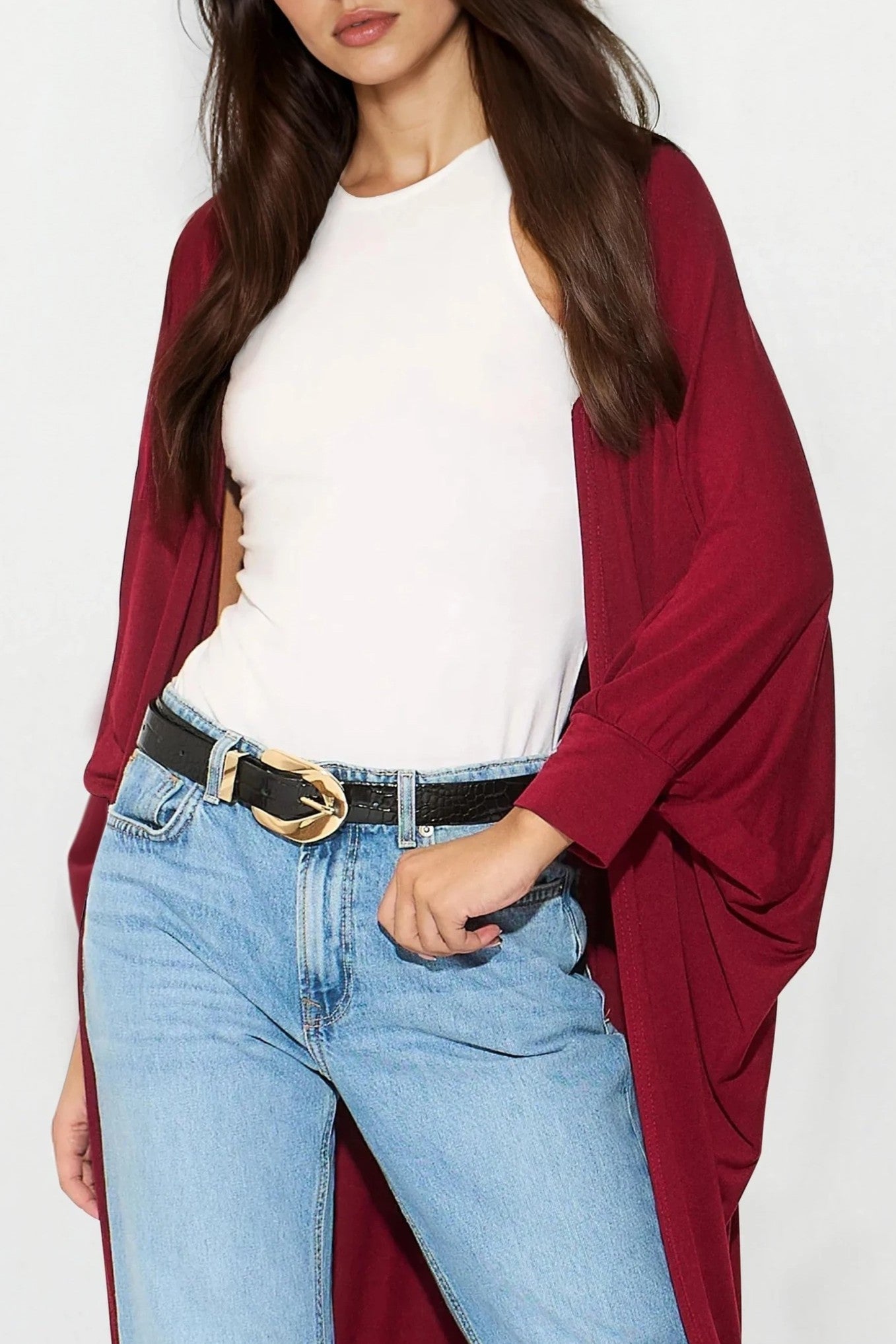 Wine Batwing Sleeve Kimono Cardigan-1