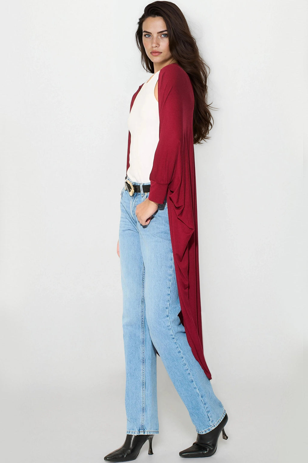 Wine Batwing Sleeve Kimono Cardigan-2