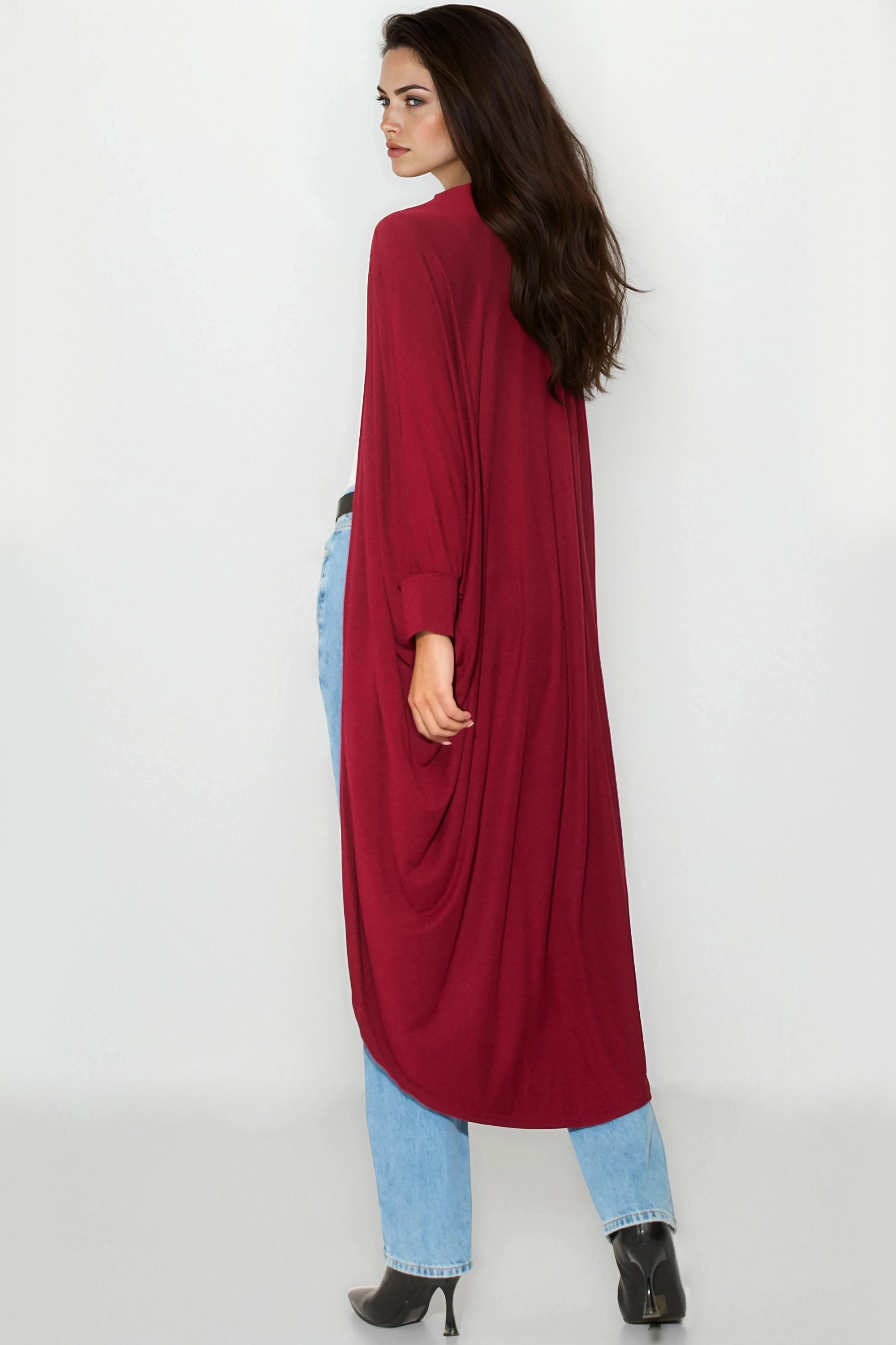 Wine Batwing Sleeve Kimono Cardigan-3