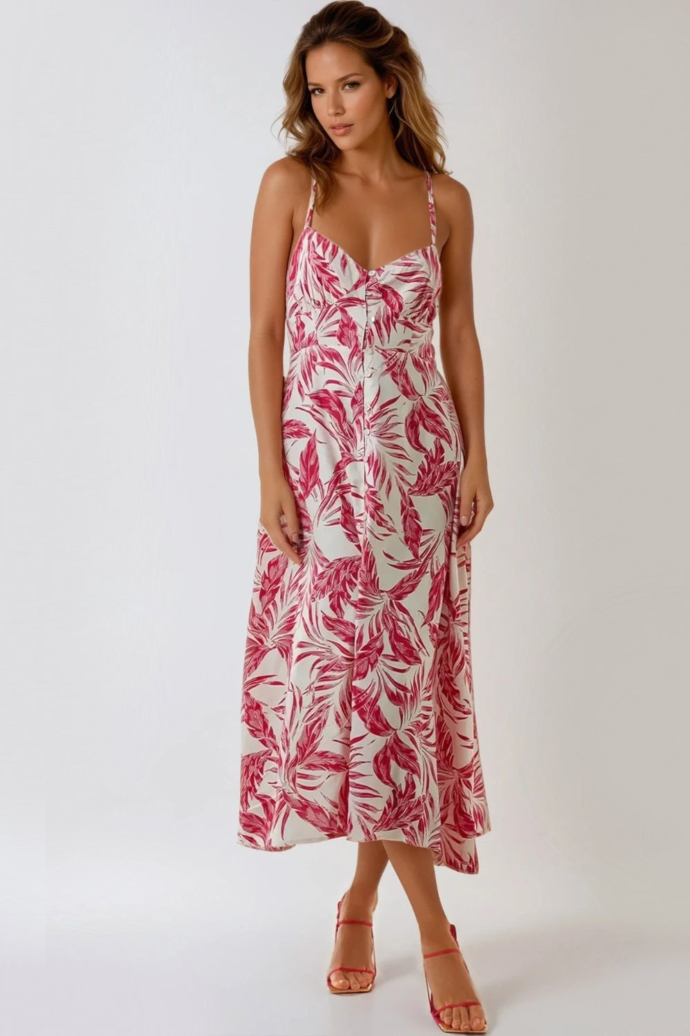 Pink Leaf Print Lace Up Back Midi Dress-0