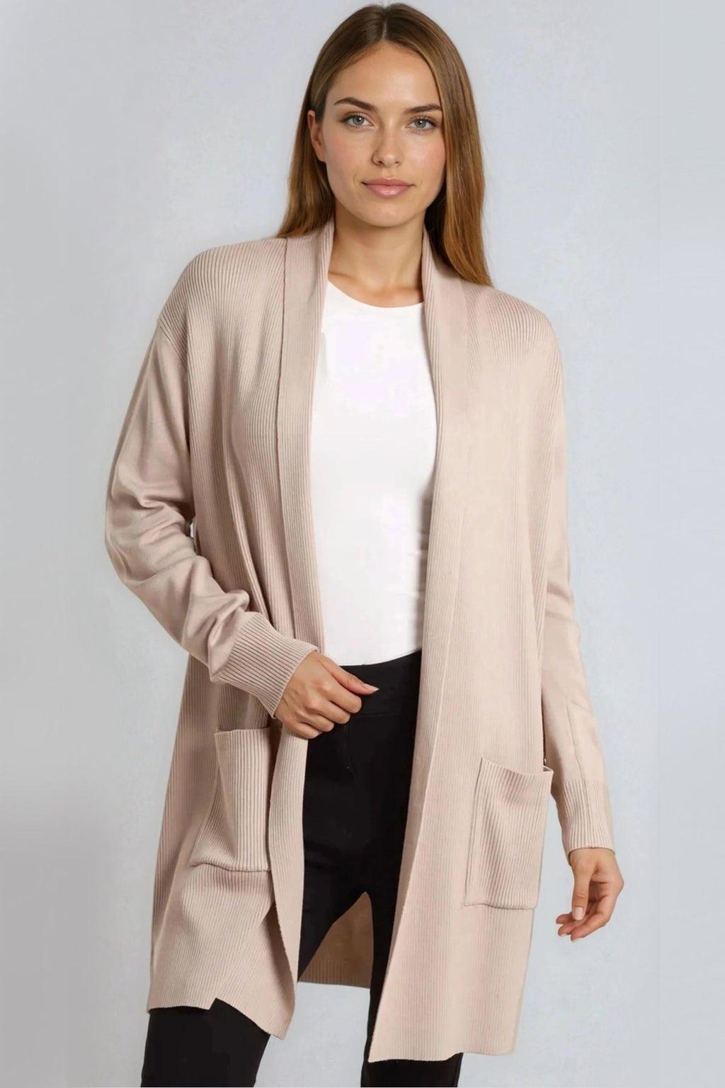 Beige Ribbed Cardigan With Pockets-0