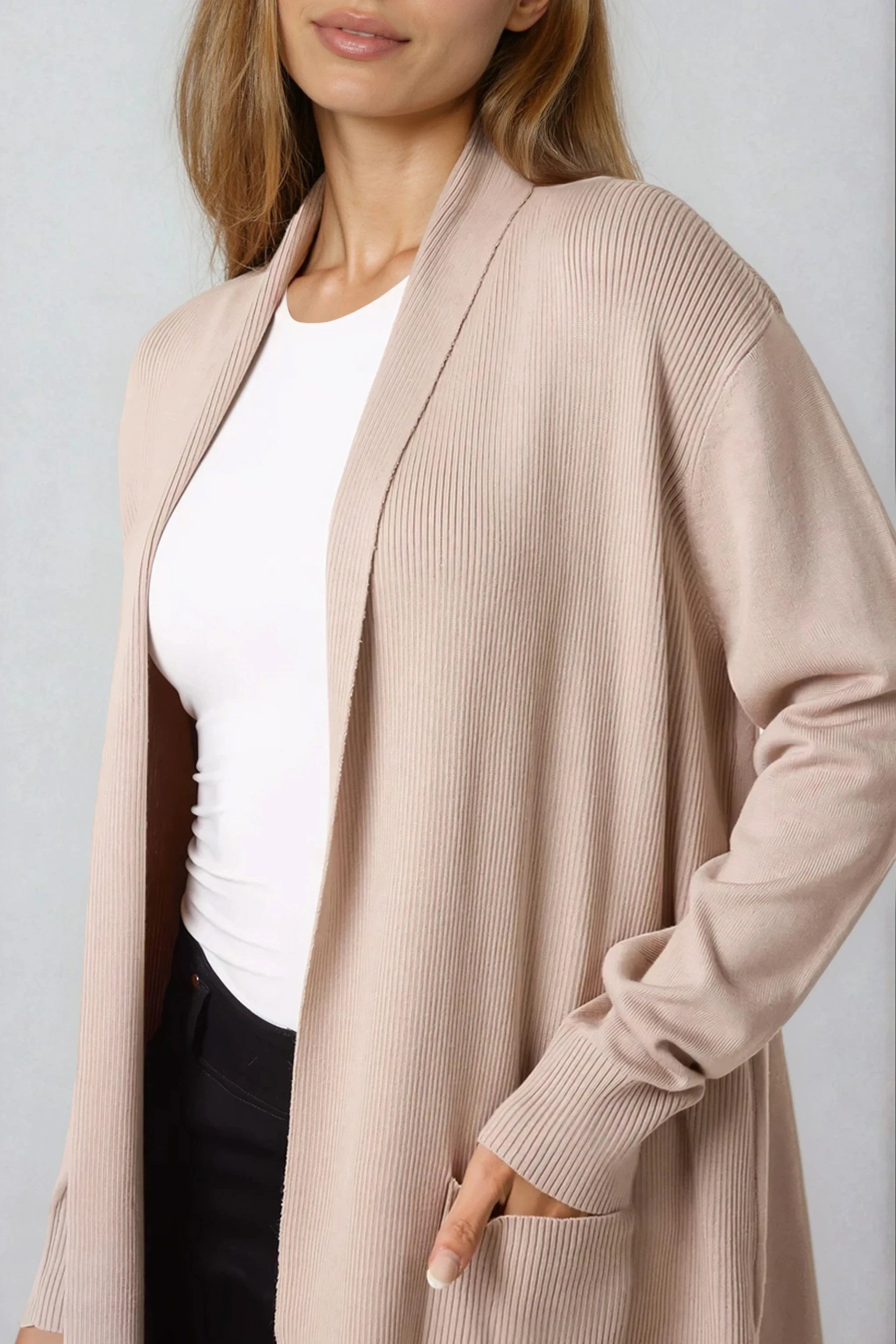 Beige Ribbed Cardigan With Pockets-1