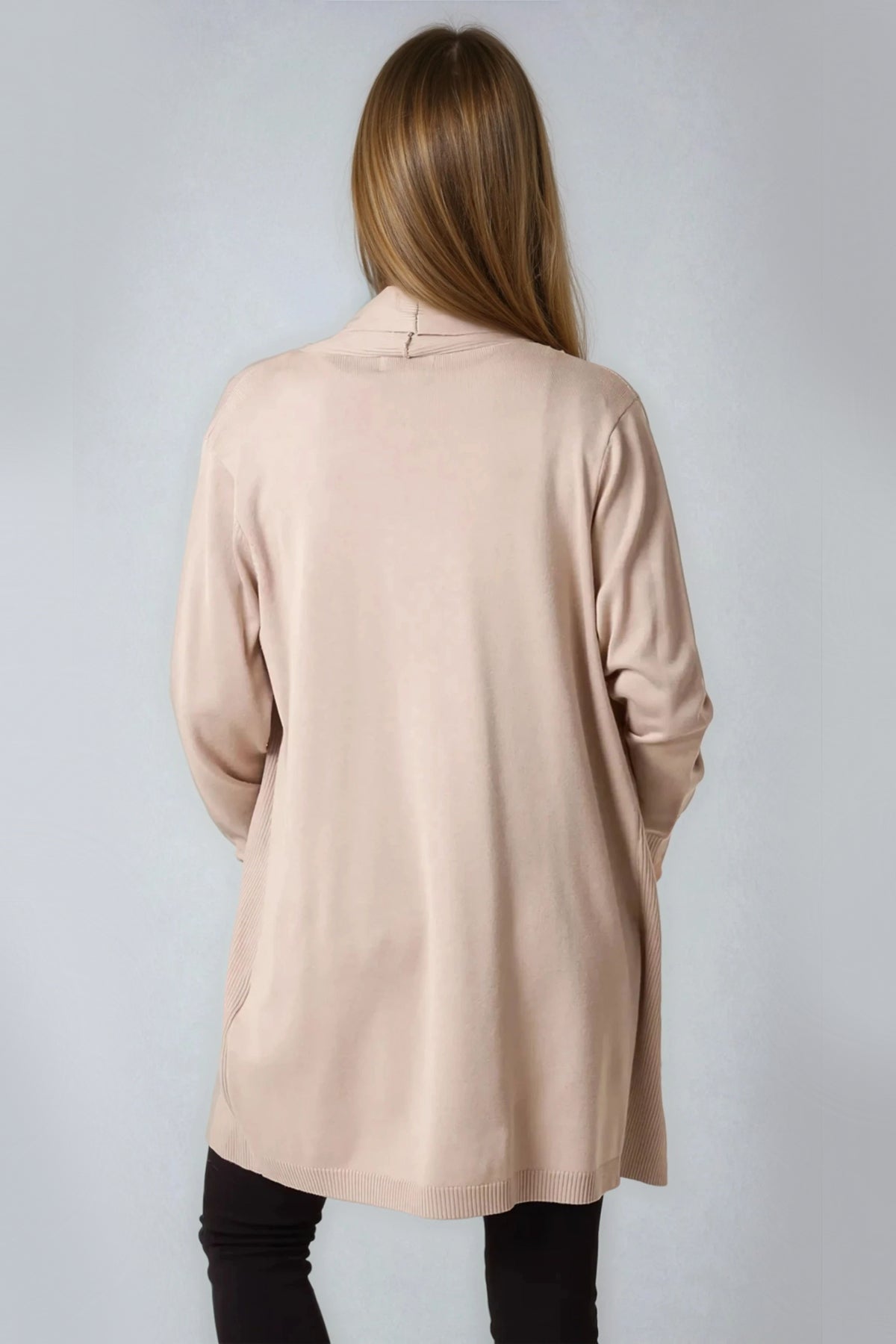 Beige Ribbed Cardigan With Pockets-2