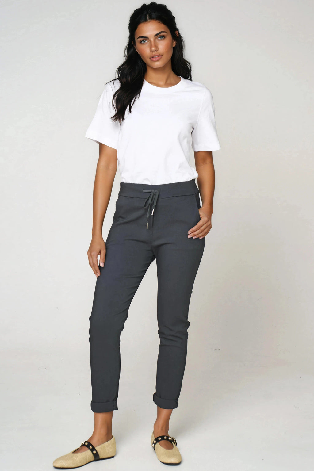 Charcoal Stretch Drawstring Trousers-0