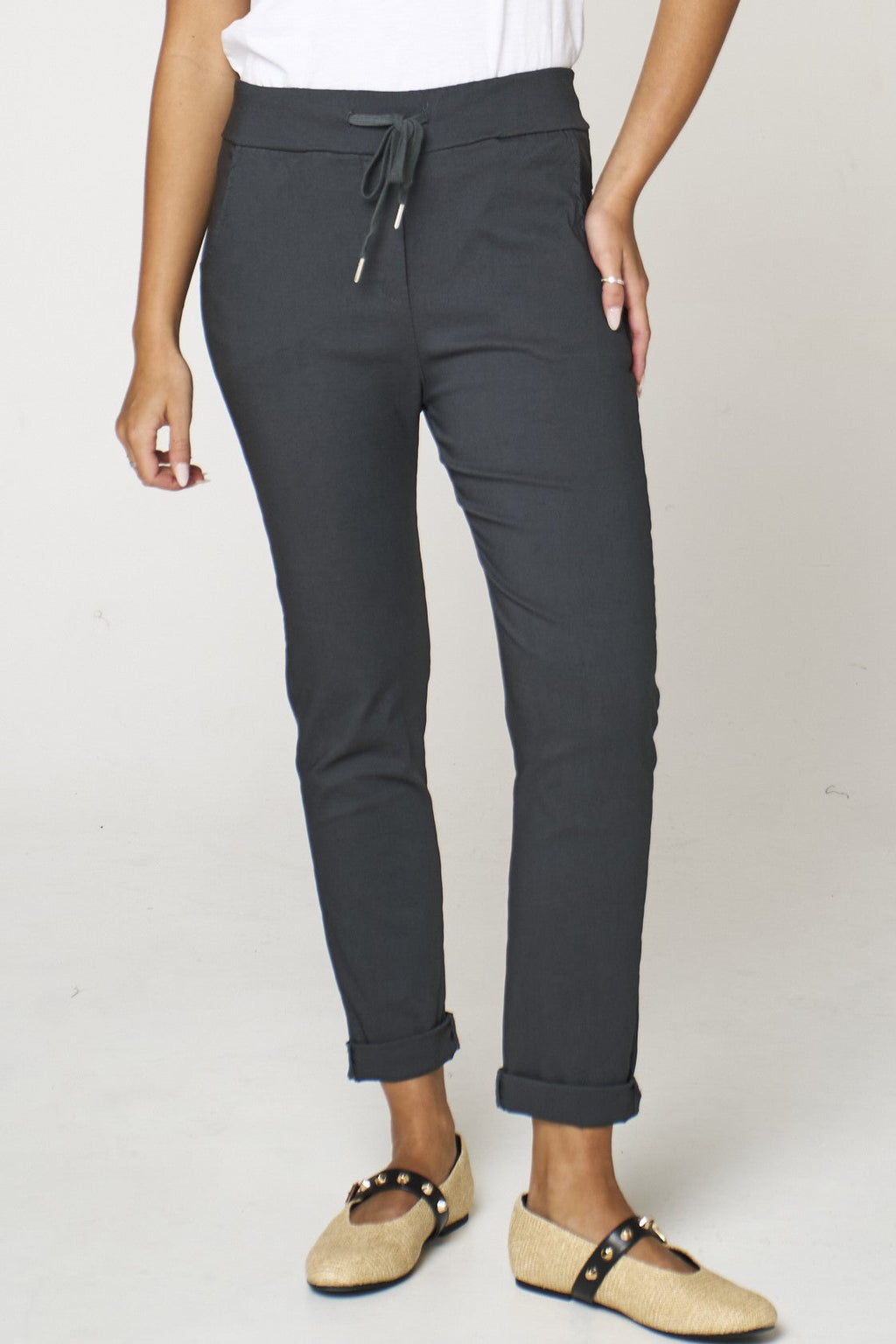Charcoal Stretch Drawstring Trousers-1