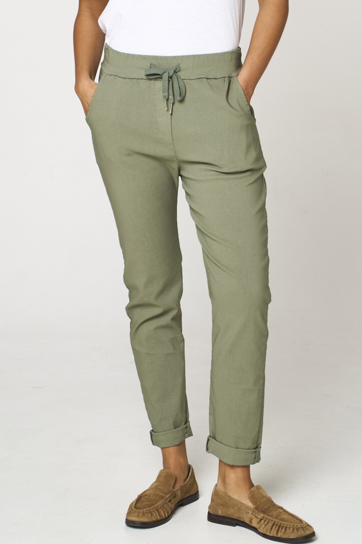 Khaki Stretch Drawstring Trousers-2