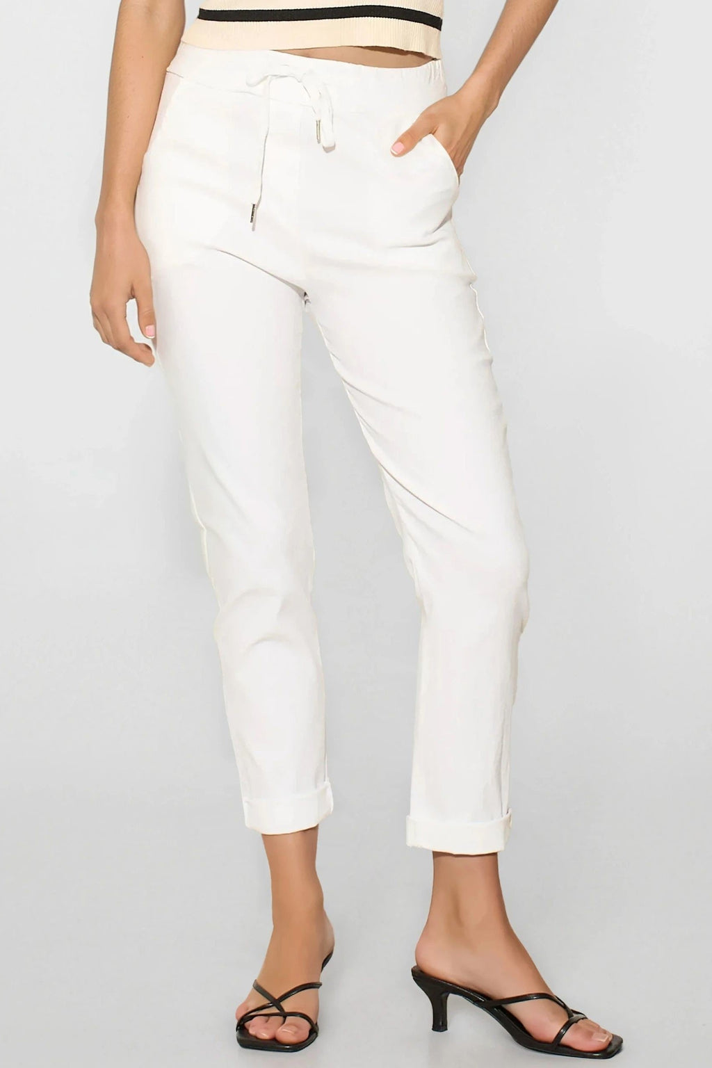 White Stretch Drawstring Trousers-1