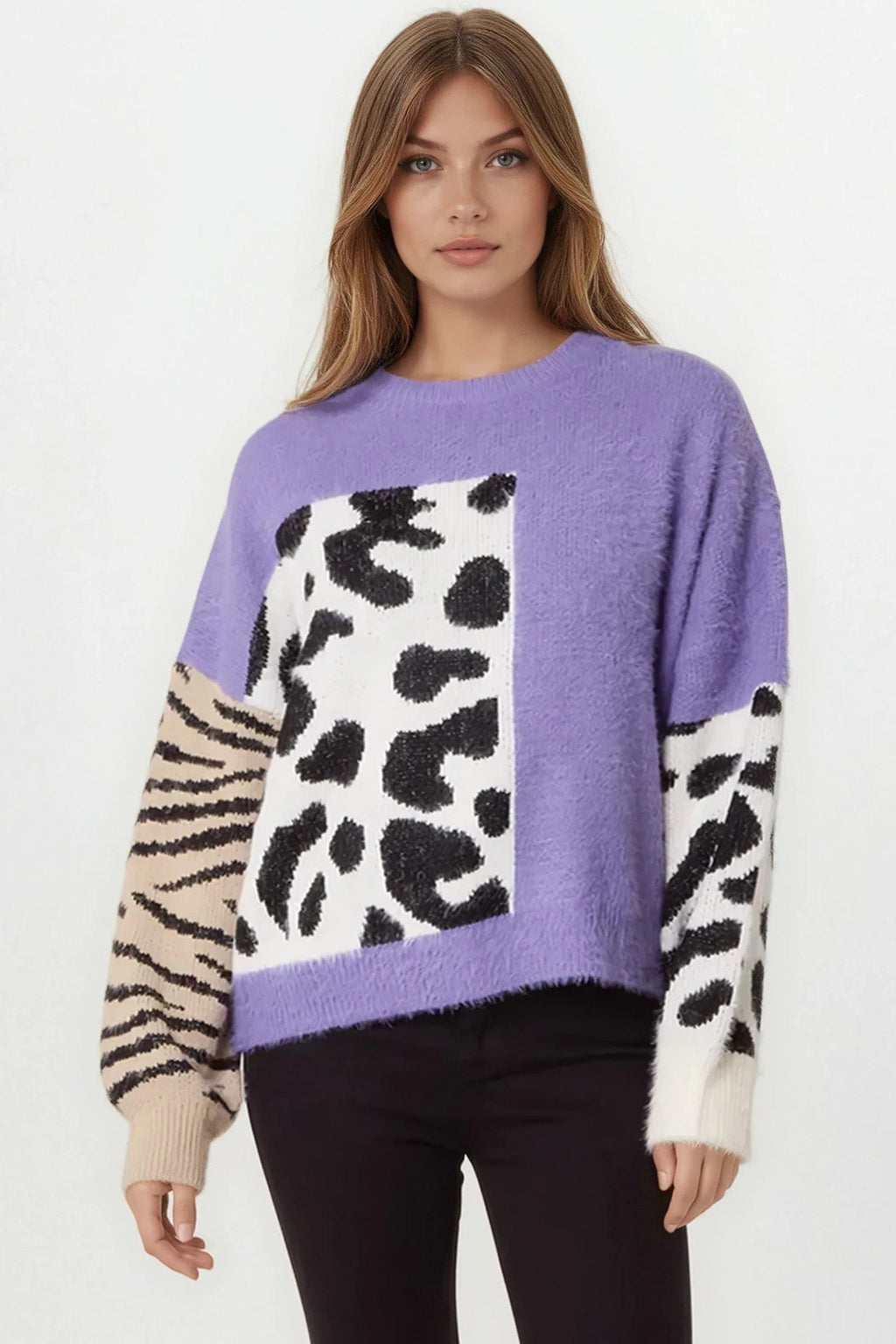 Purple Mixed Animal Pattern Knit Jumper-0