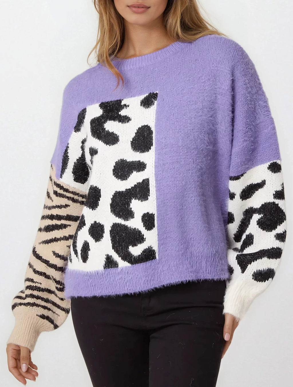 Purple Mixed Animal Pattern Knit Jumper-4