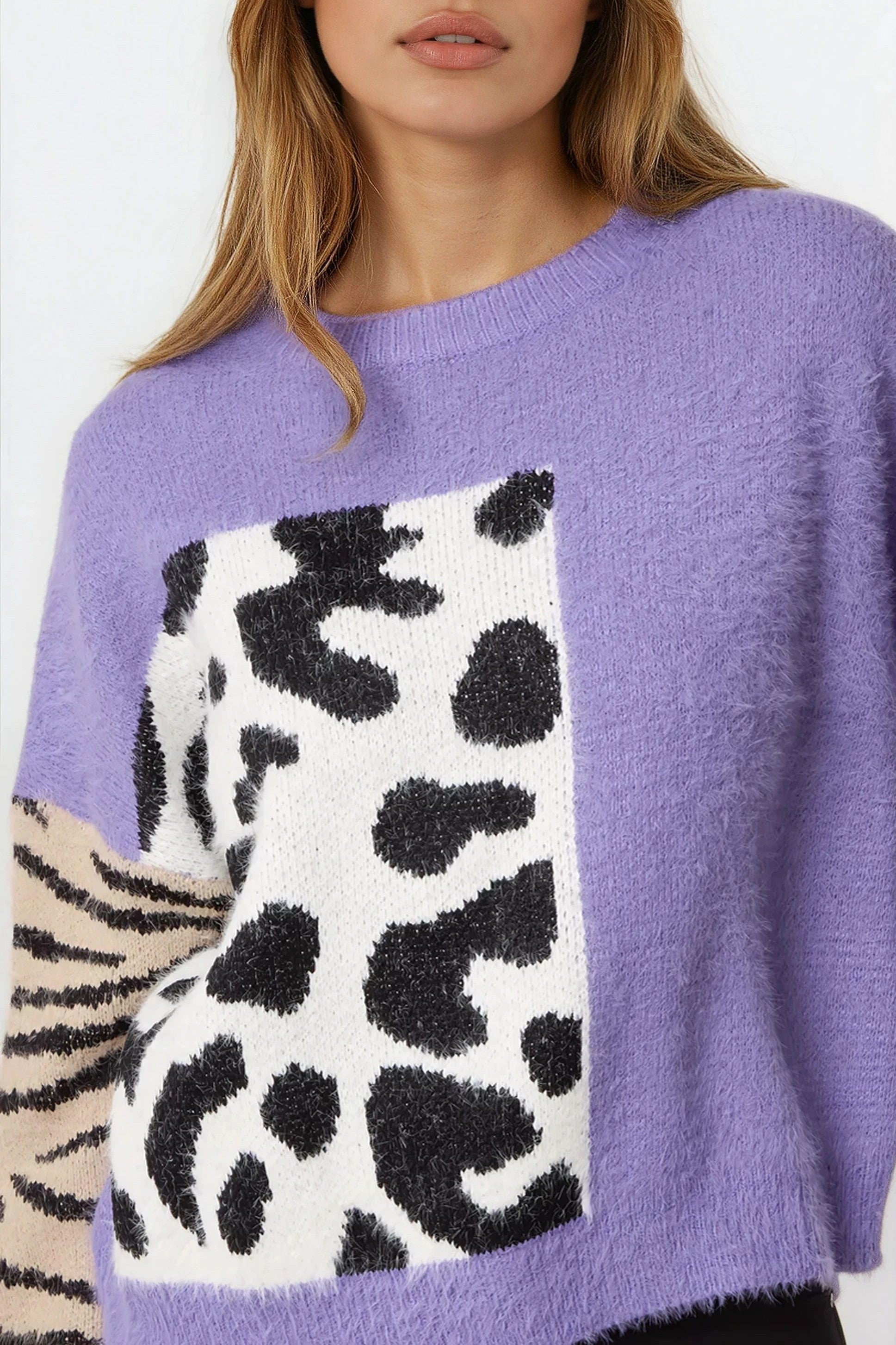 Purple Mixed Animal Pattern Knit Jumper-1