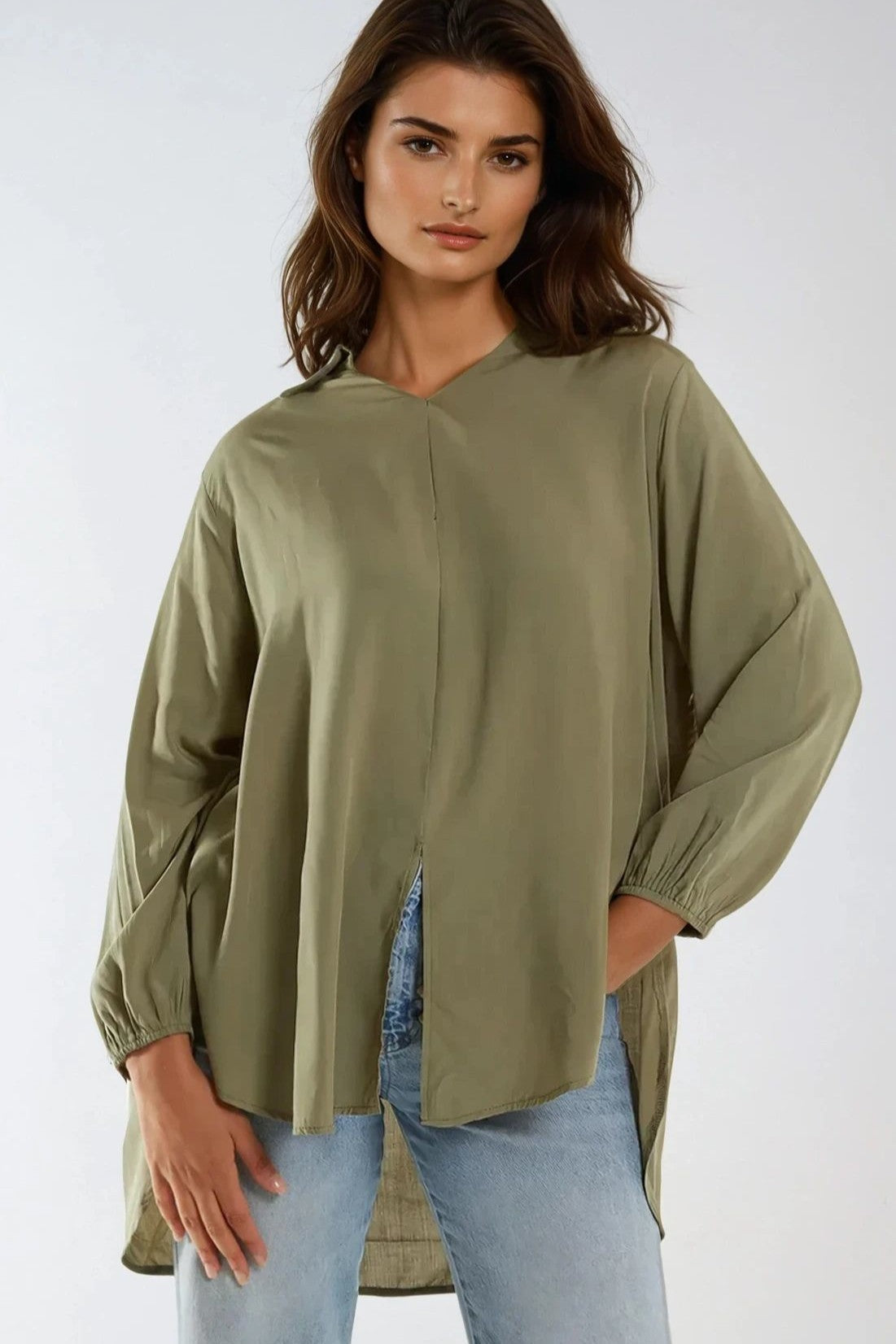 Khaki Open Collar Blouse-0