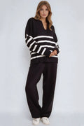 Black Striped Jumper & Trouser Knitted Set-0