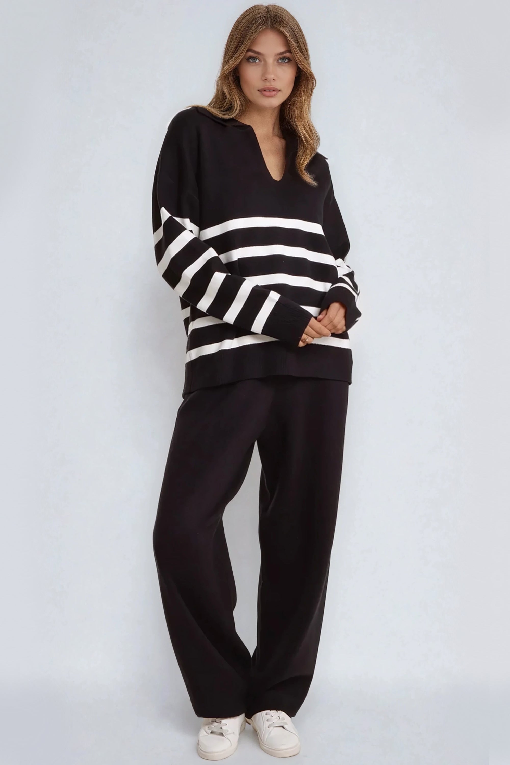 Black Striped Jumper & Trouser Knitted Set-0