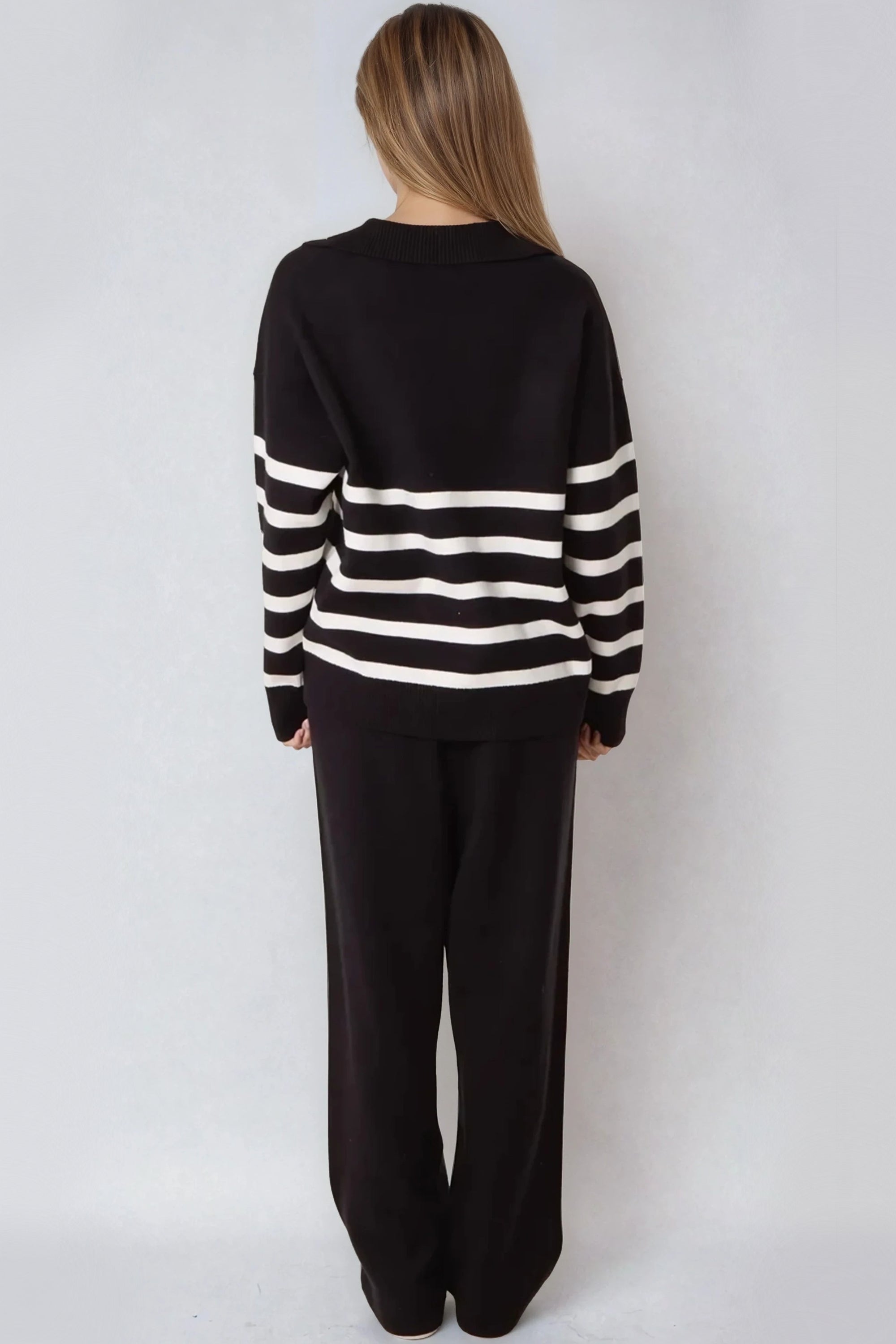 Black Striped Jumper & Trouser Knitted Set-3