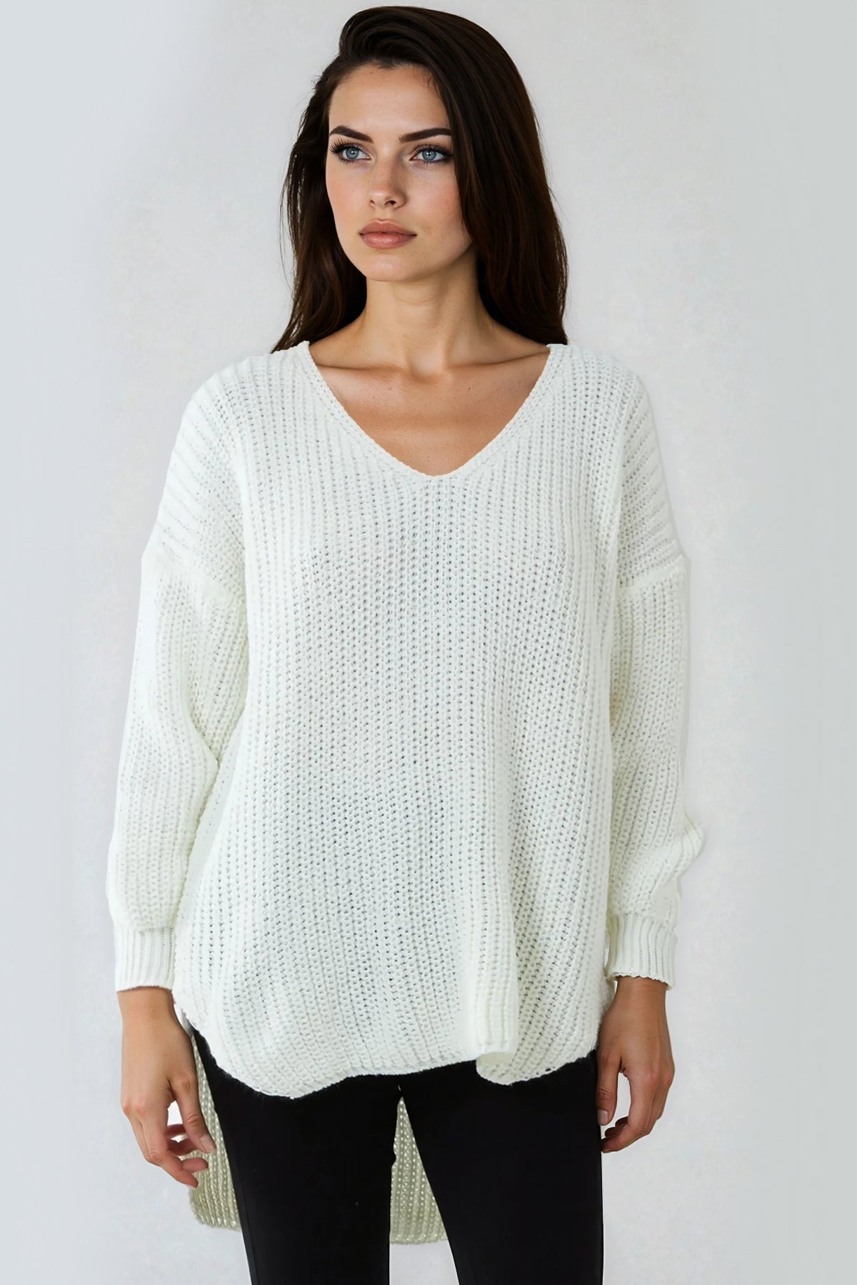 Cream Oversized V-Neck Chunky Knit Jumper-0
