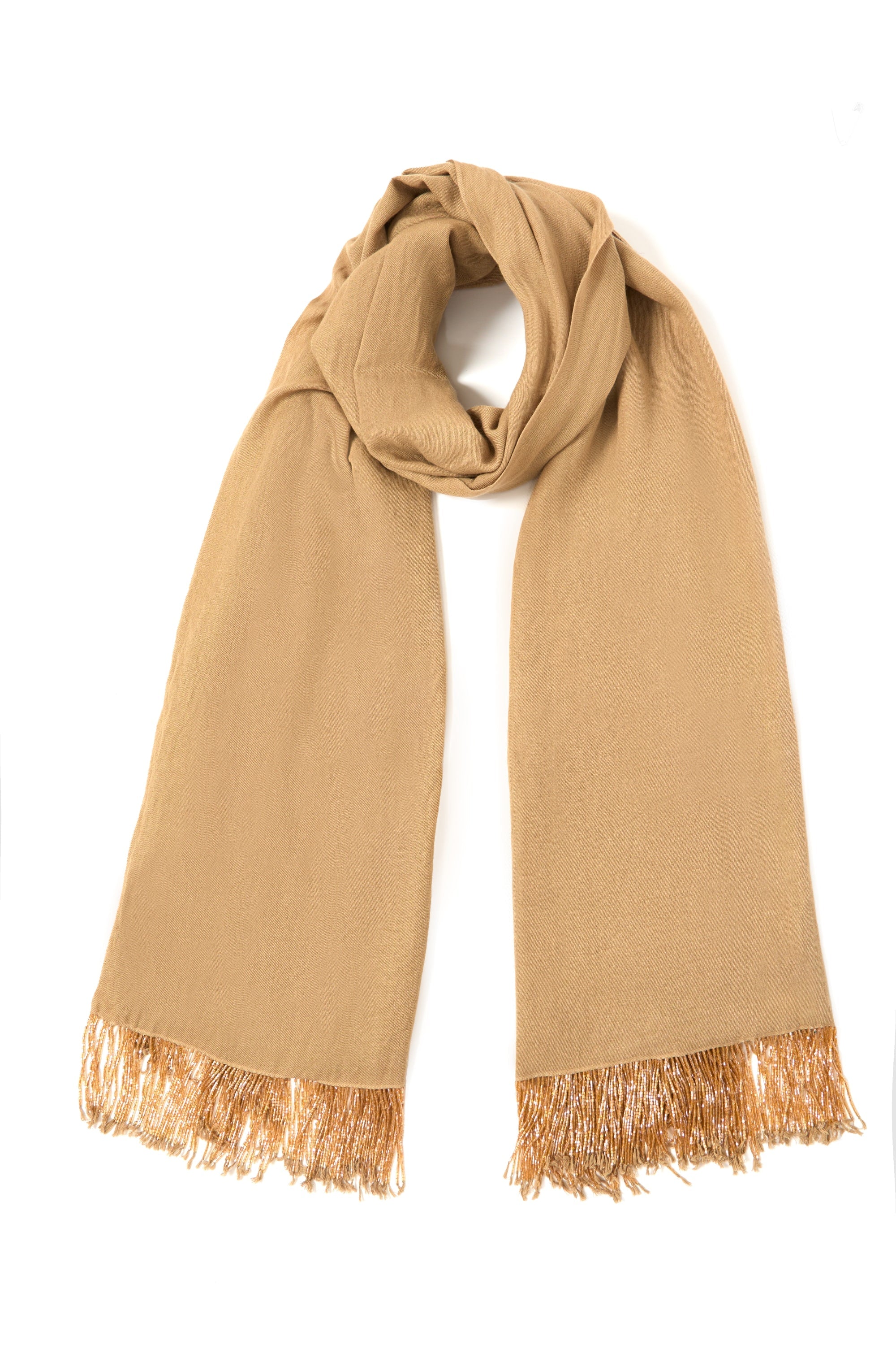 Beige Pashmina Shawl with Beaded Tassels-0