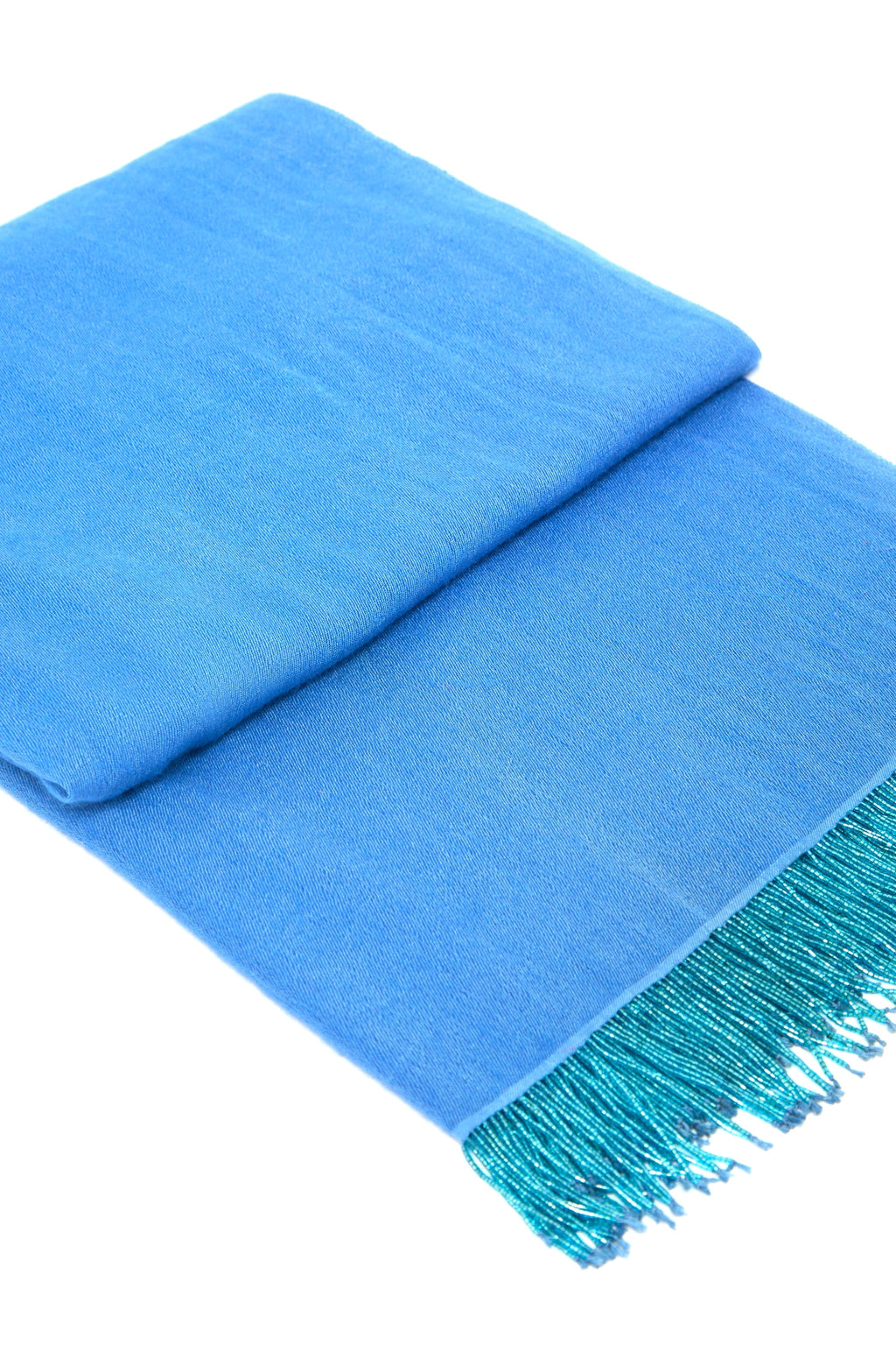Bright Blue Pashmina Shawl with Beaded Tassels-3