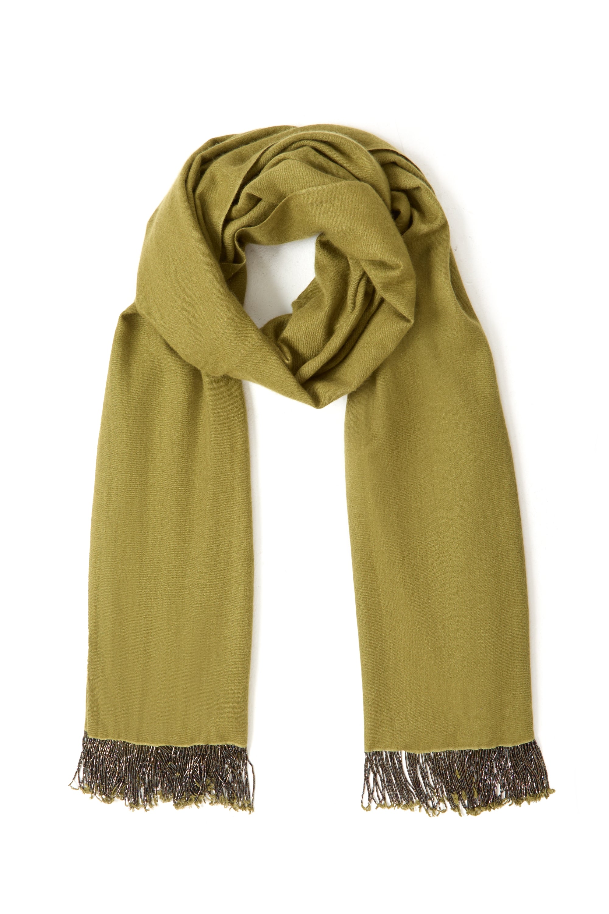 Khaki Pashmina Shawl with Beaded Tassels-0