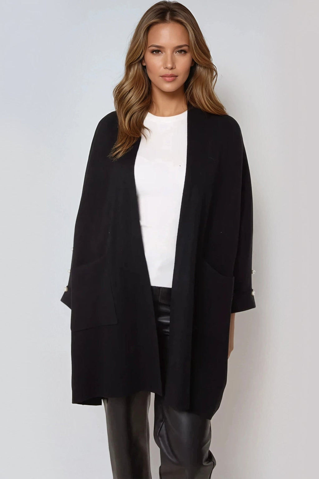 Black Pearl Sleeve Open Cardigan-0