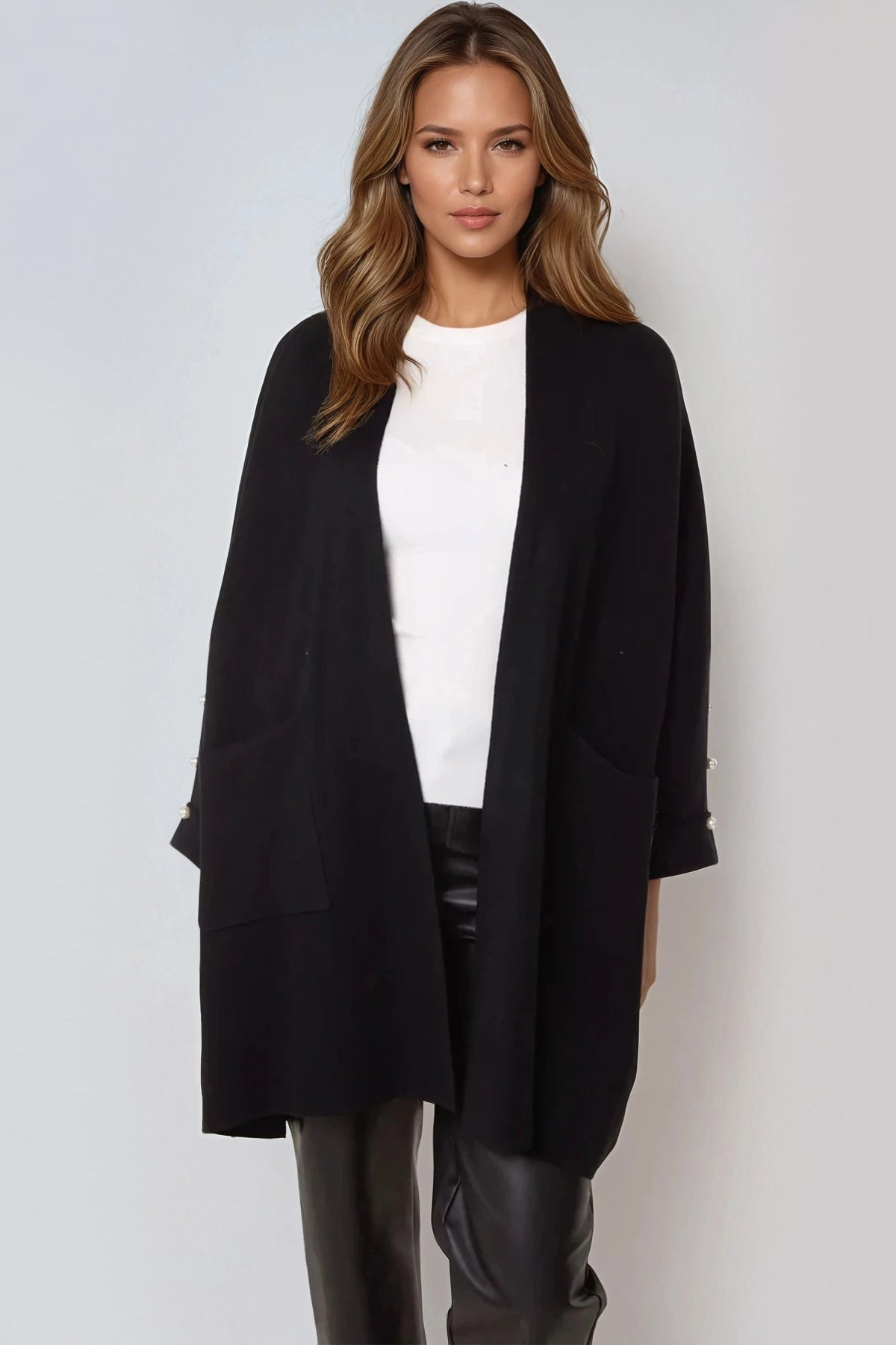 Black Pearl Sleeve Open Cardigan-0