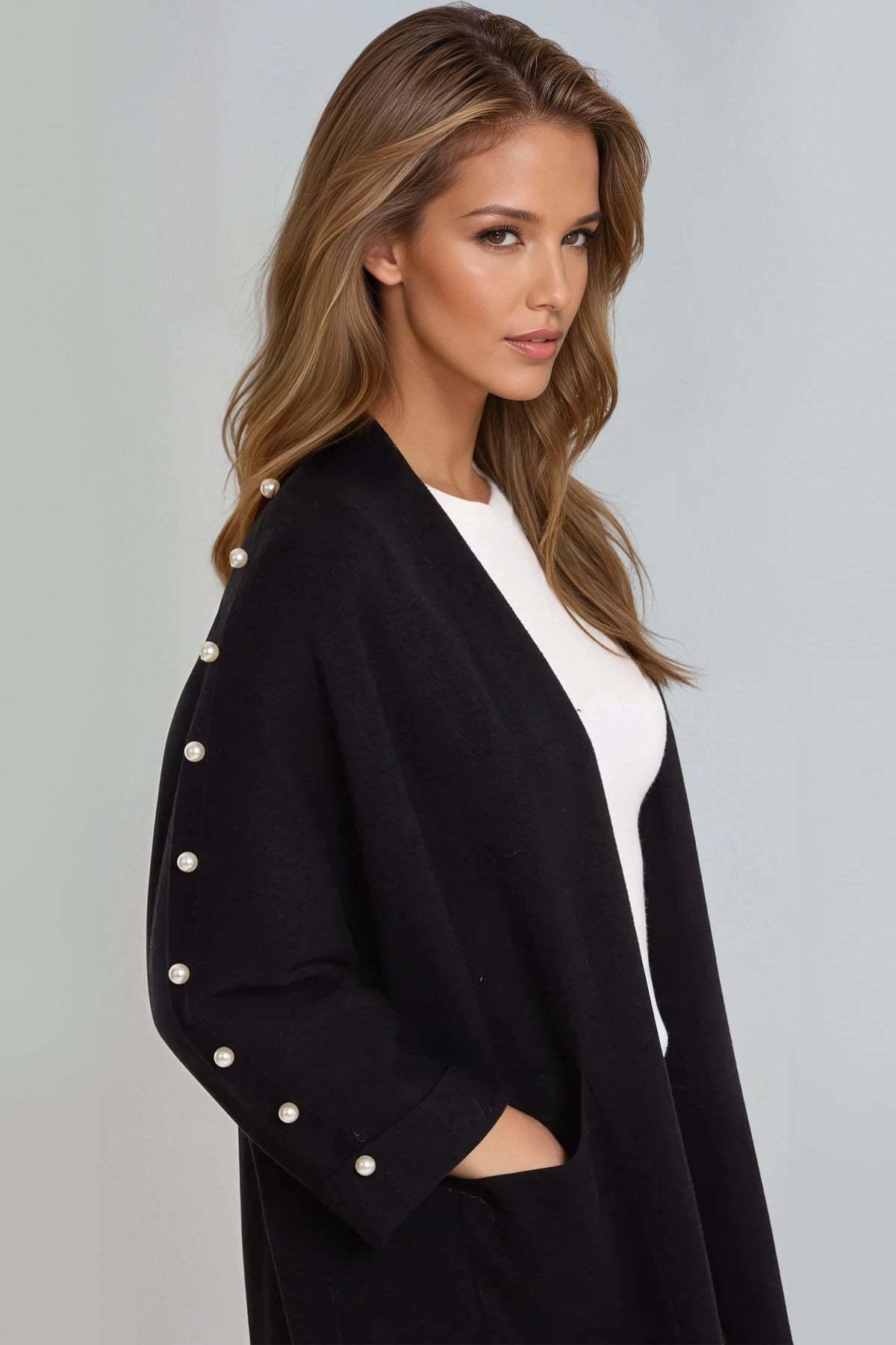 Black Pearl Sleeve Open Cardigan-1