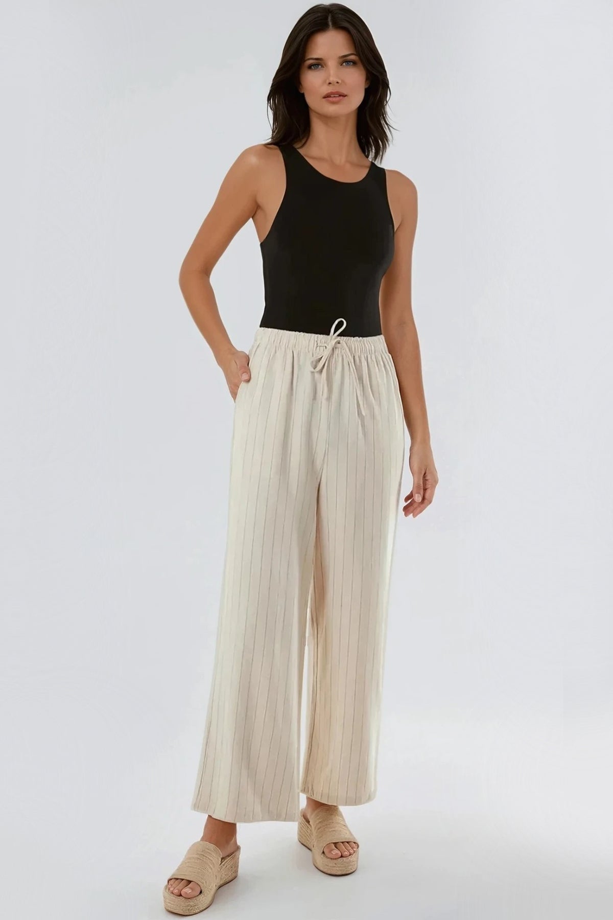 Beige Linen Blend Pin Striped Wide Leg Trousers-0