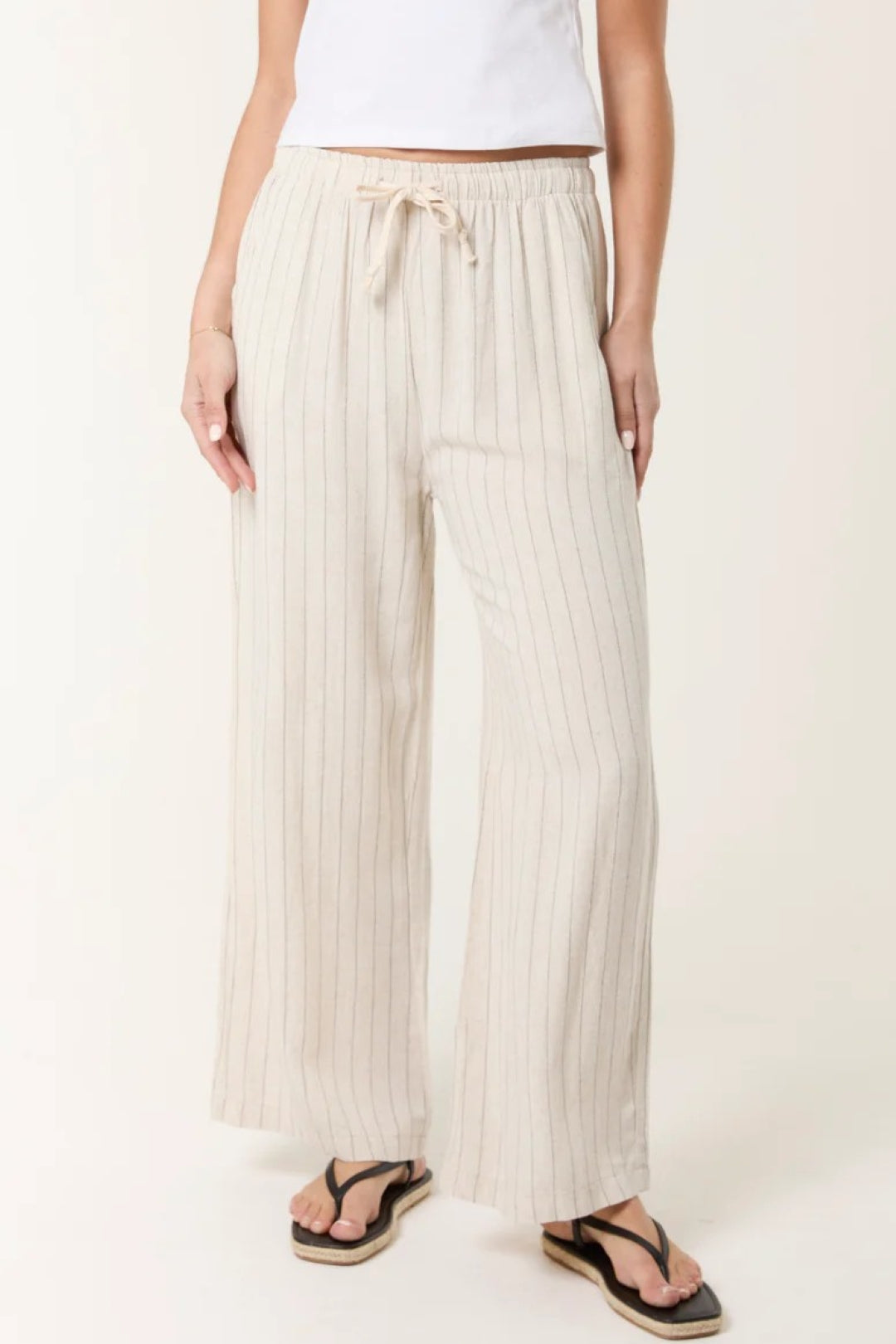 Beige Linen Blend Pin Striped Wide Leg Trousers-1