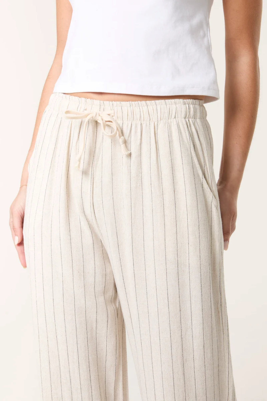 Beige Linen Blend Pin Striped Wide Leg Trousers-2