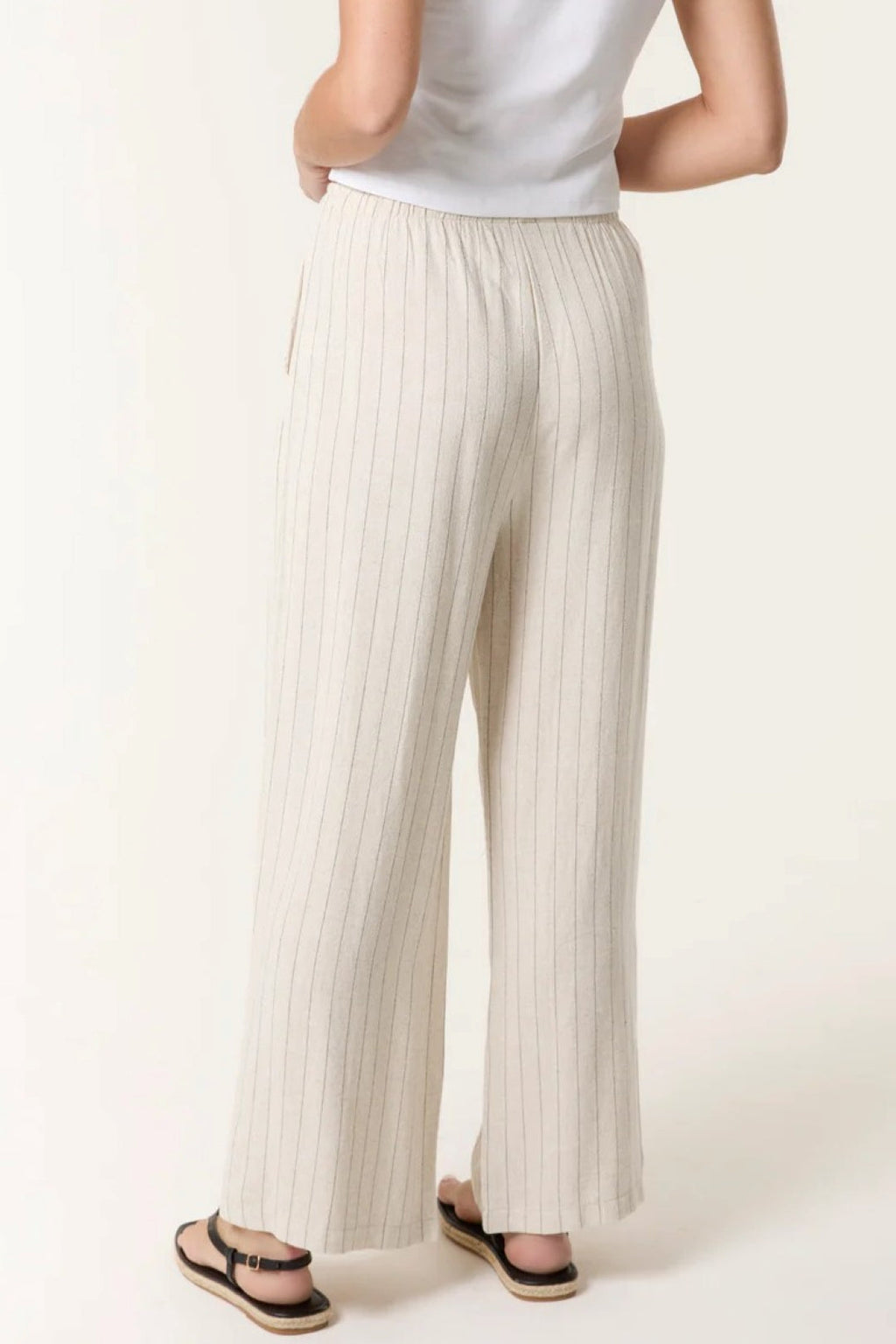 Beige Linen Blend Pin Striped Wide Leg Trousers-3