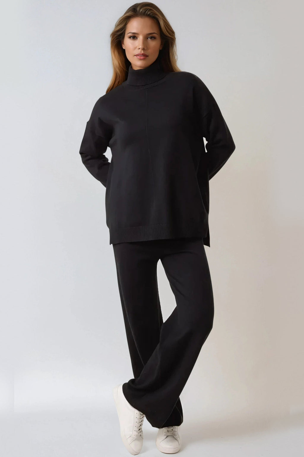 Black Knitted Roll Neck Jumper & Trouser Set-0