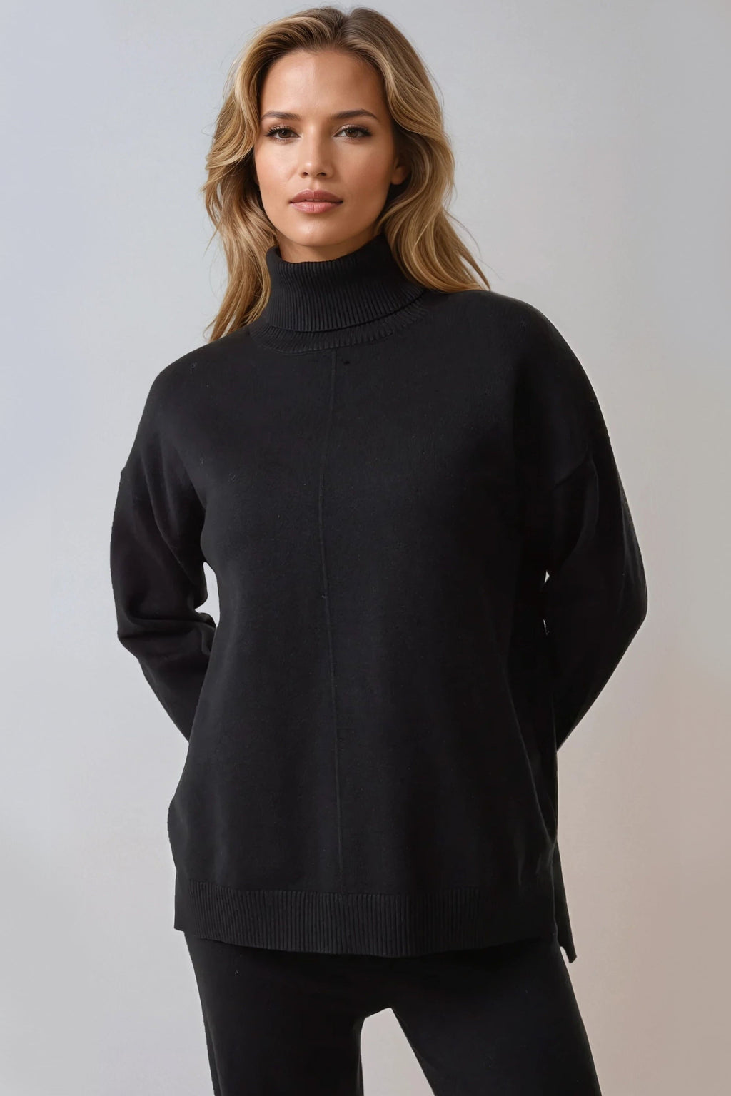 Black Knitted Roll Neck Jumper & Trouser Set-1