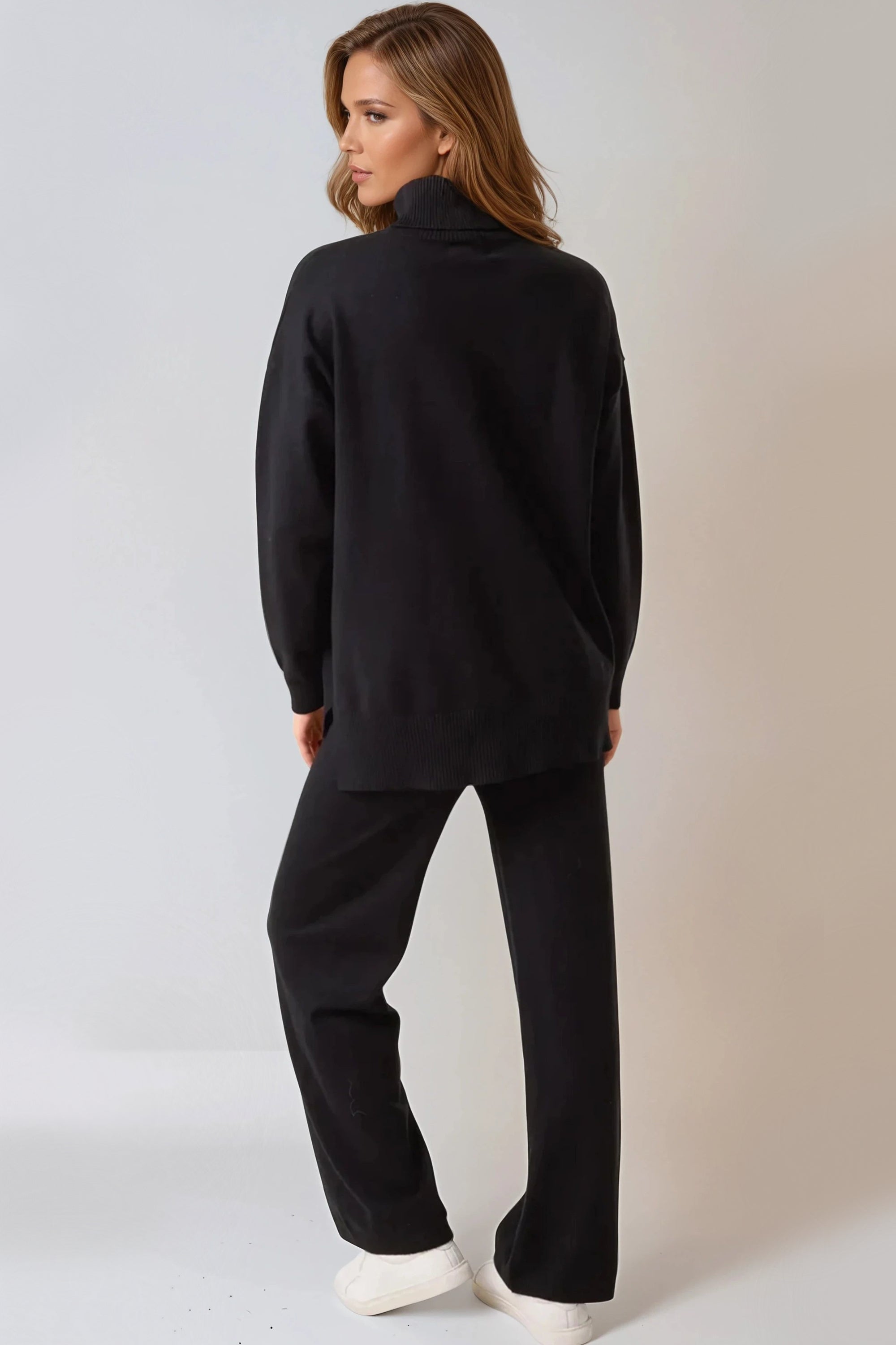 Black Knitted Roll Neck Jumper & Trouser Set-2