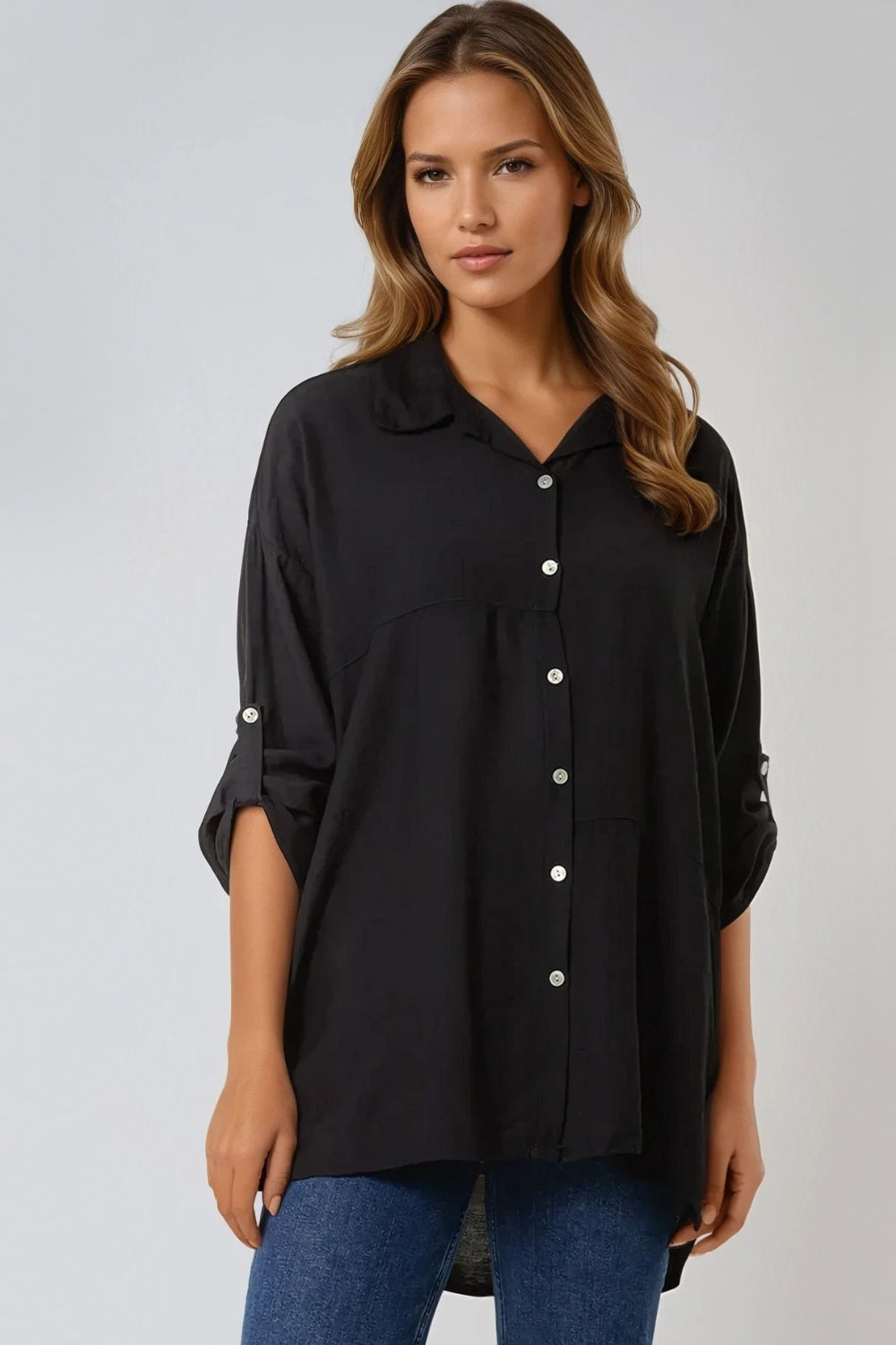 Black Relaxed Fit Roll Sleeve Shirt-0