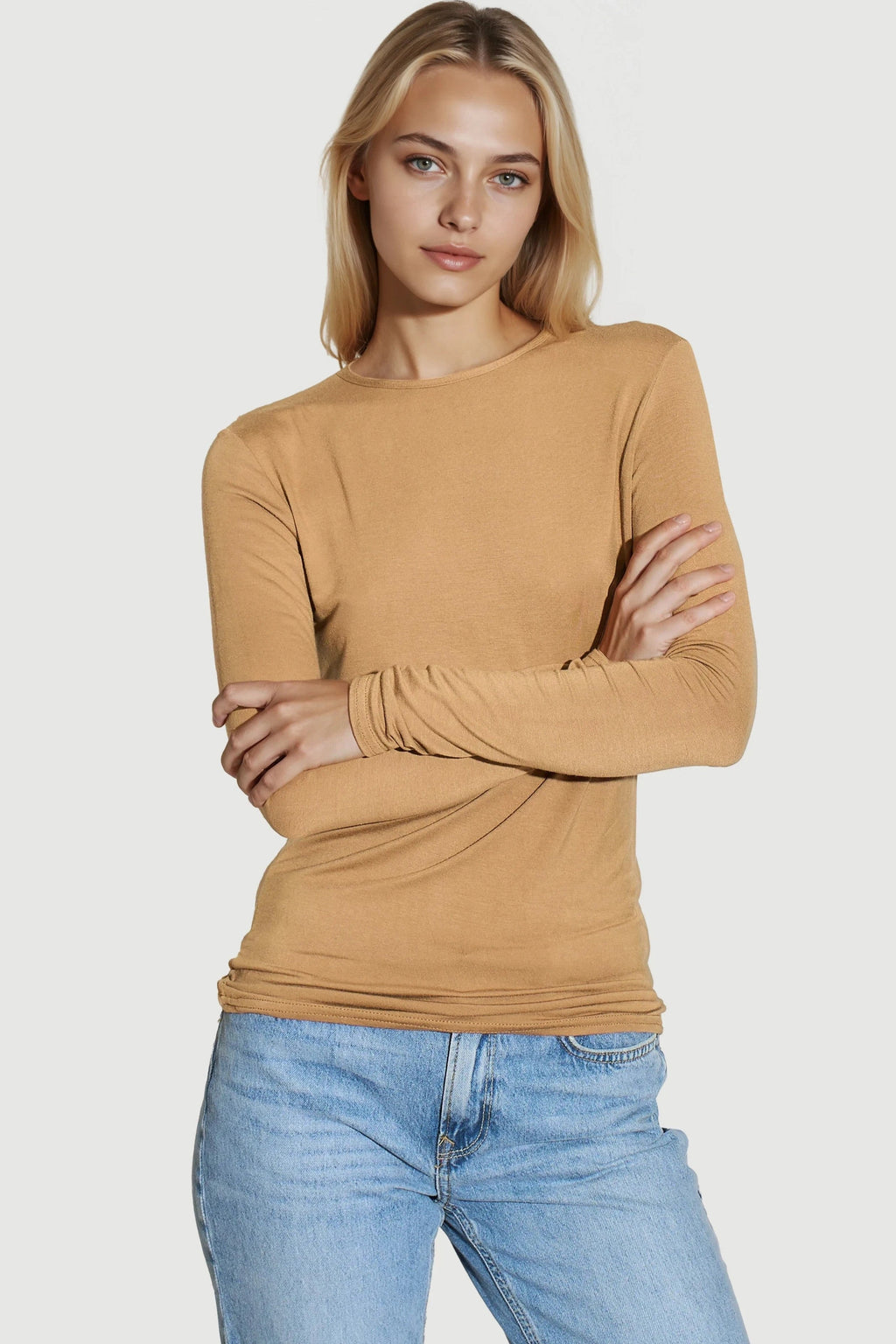 Camel Round Neck Long Sleeve Top-0