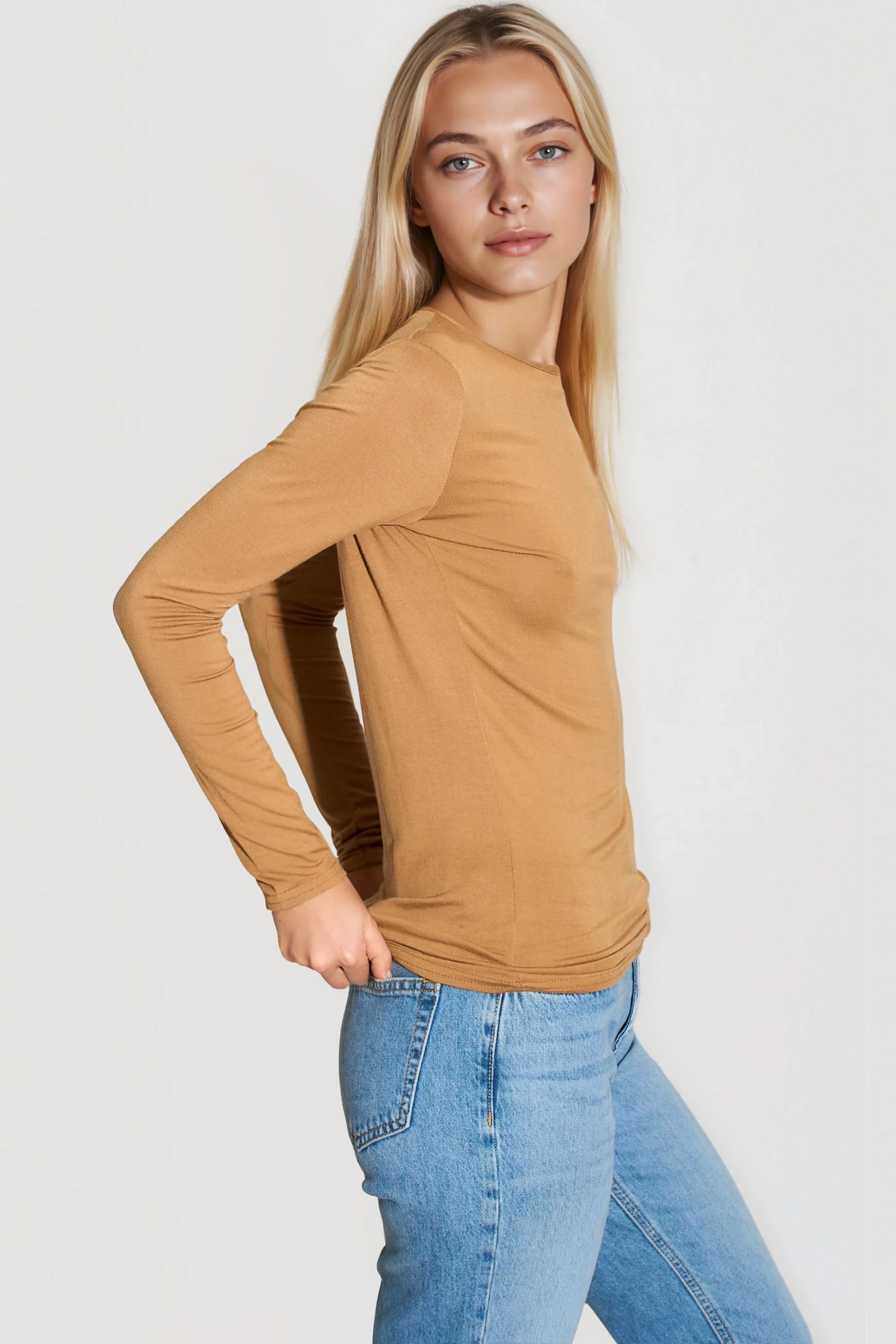 Camel Round Neck Long Sleeve Top-1