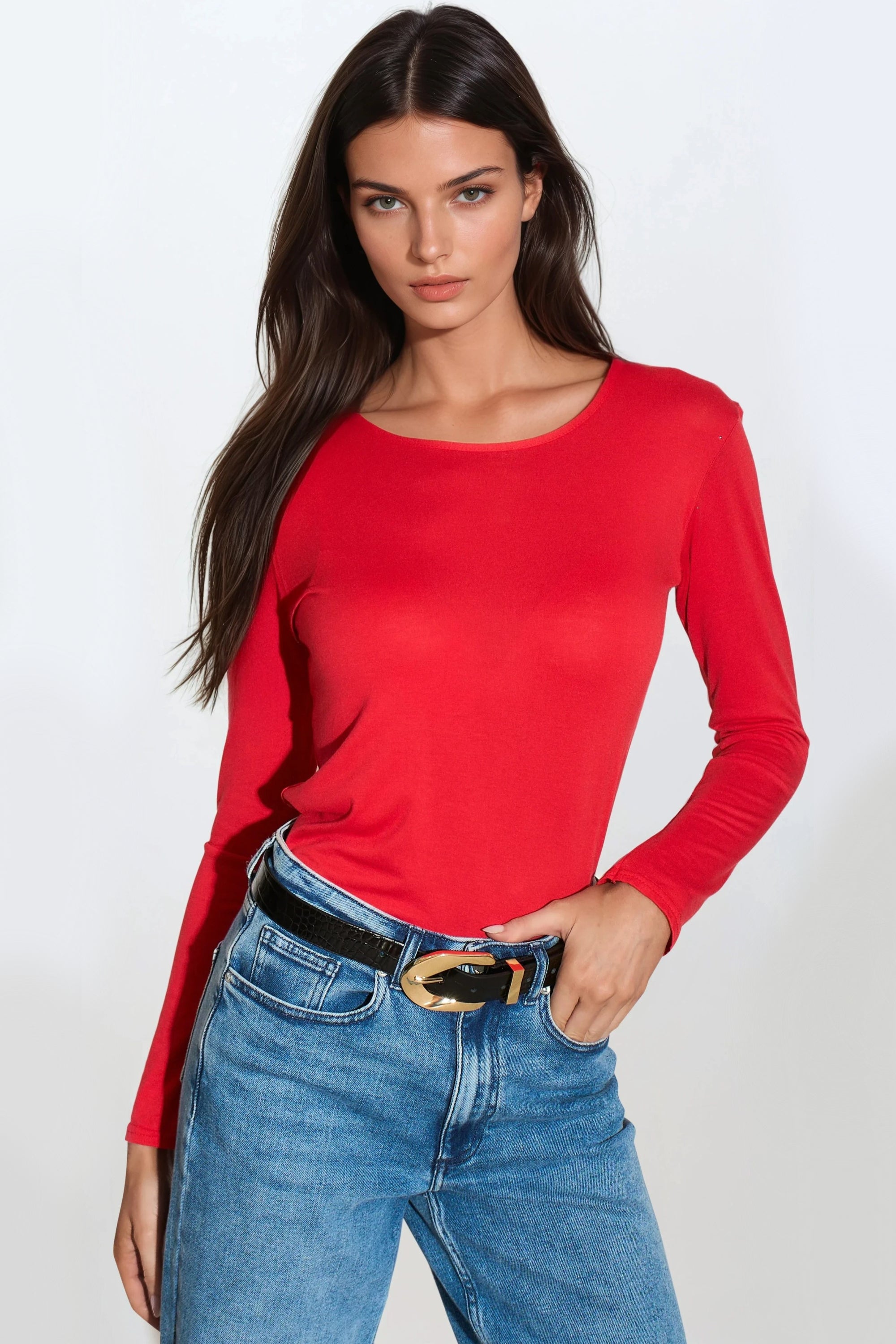Red Round Neck Long Sleeve Top-0